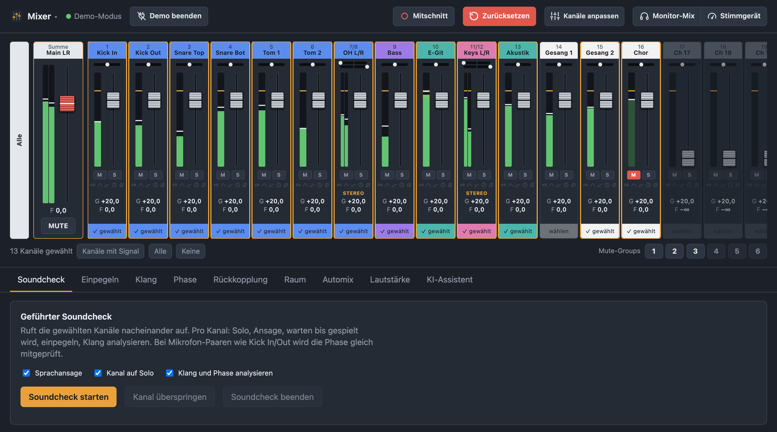 Mixer-Ansicht von Bandimo mit Kopfzeile, Kanalzügen, Reitern und Mute-Groups