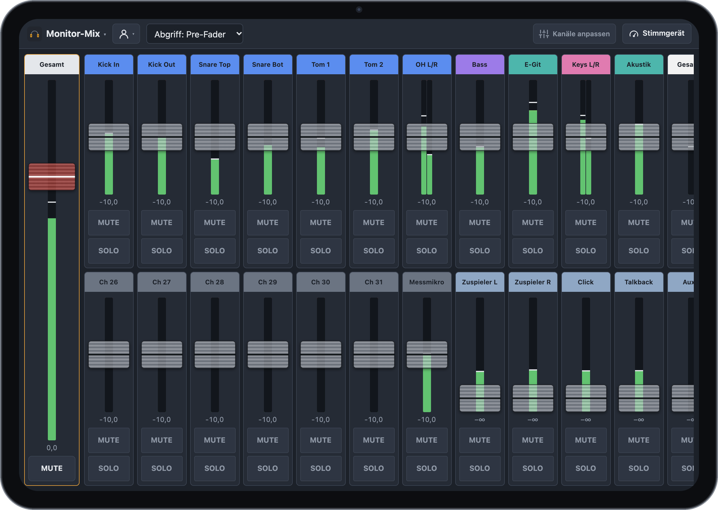 Monitor-Mix auf einem iPad: Gesamtlautstärke und große Fader je Kanal mit MUTE und SOLO