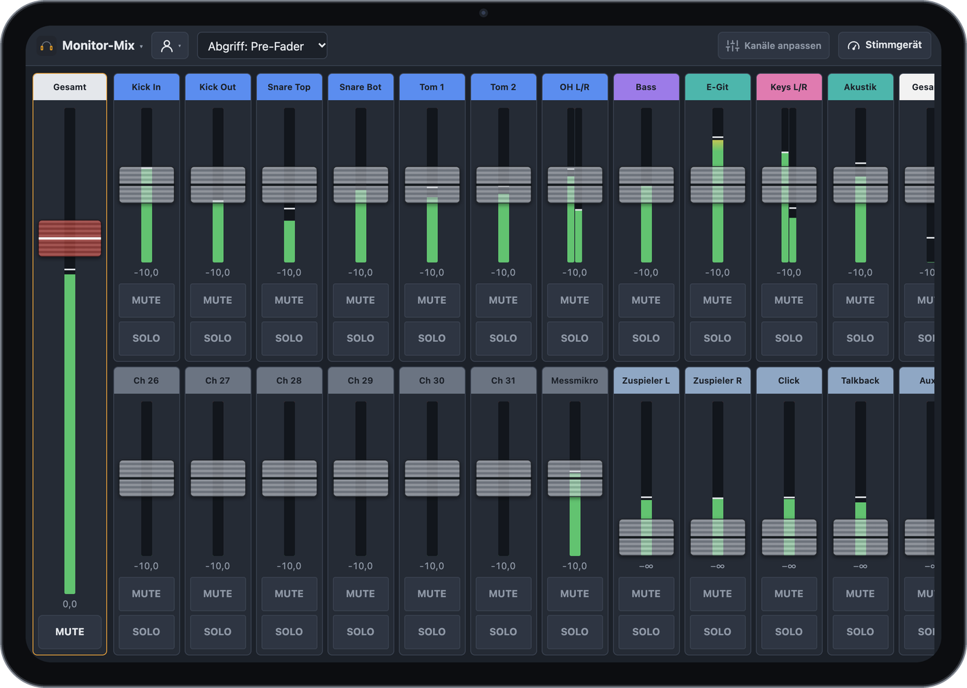 Monitor-Mix von Bandimo auf einem iPad mit großen Fadern pro Kanal