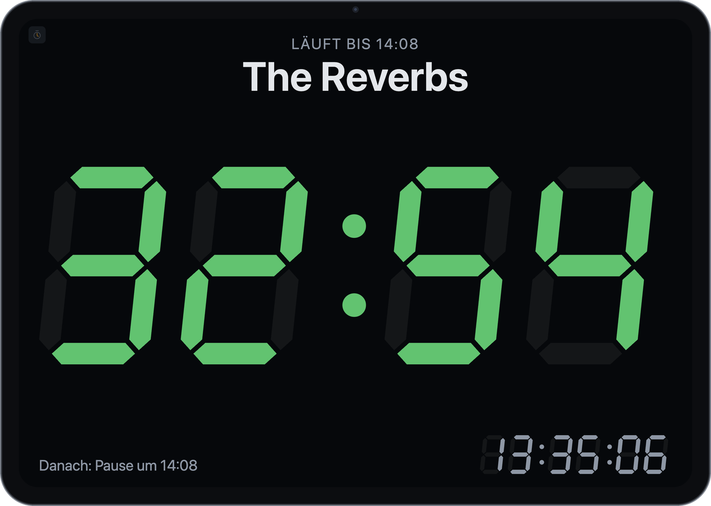 Timer-Fenster mit Restzeit als 7-Segment-Anzeige, laufendem und nächstem Slot und Uhrzeit