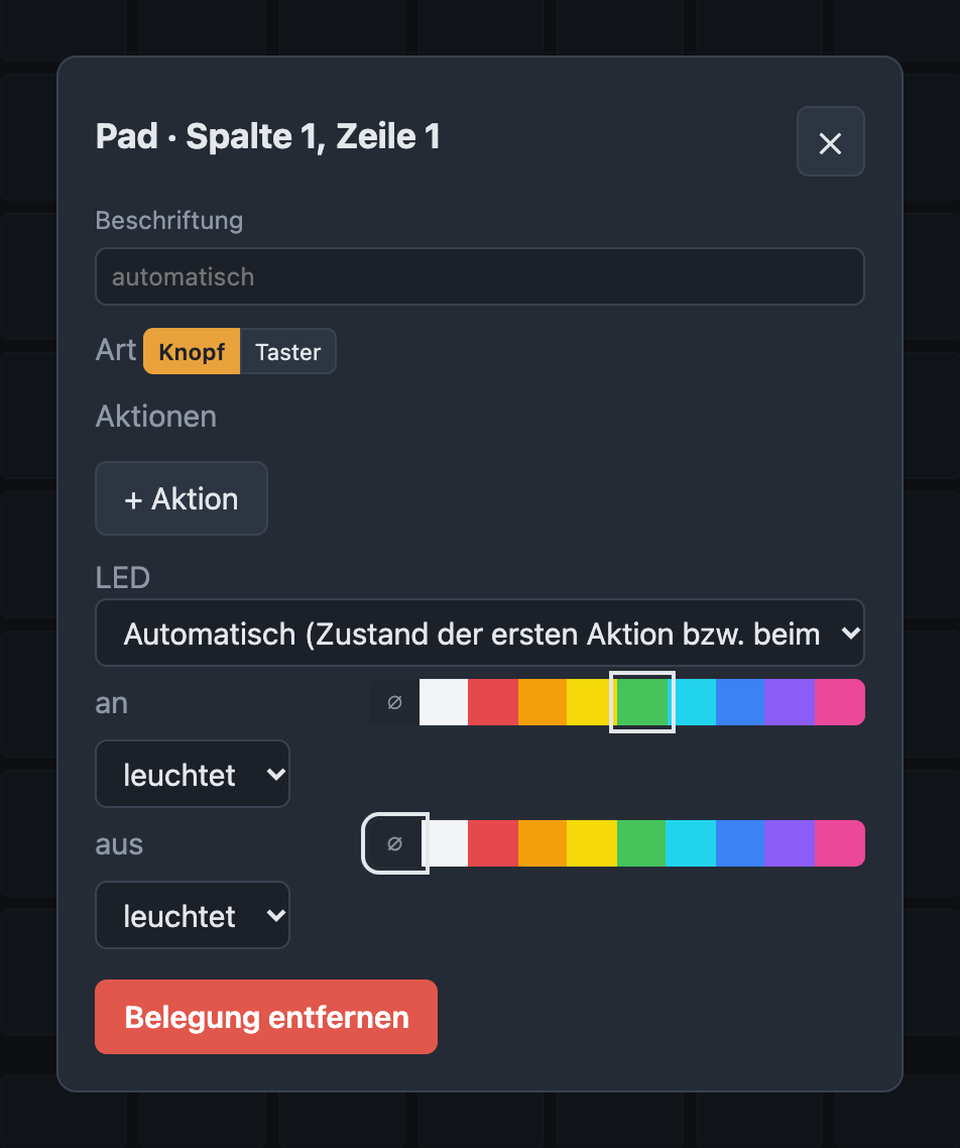 Dialog zum Belegen einer Taste mit Beschriftung, Art, Aktionen und LED