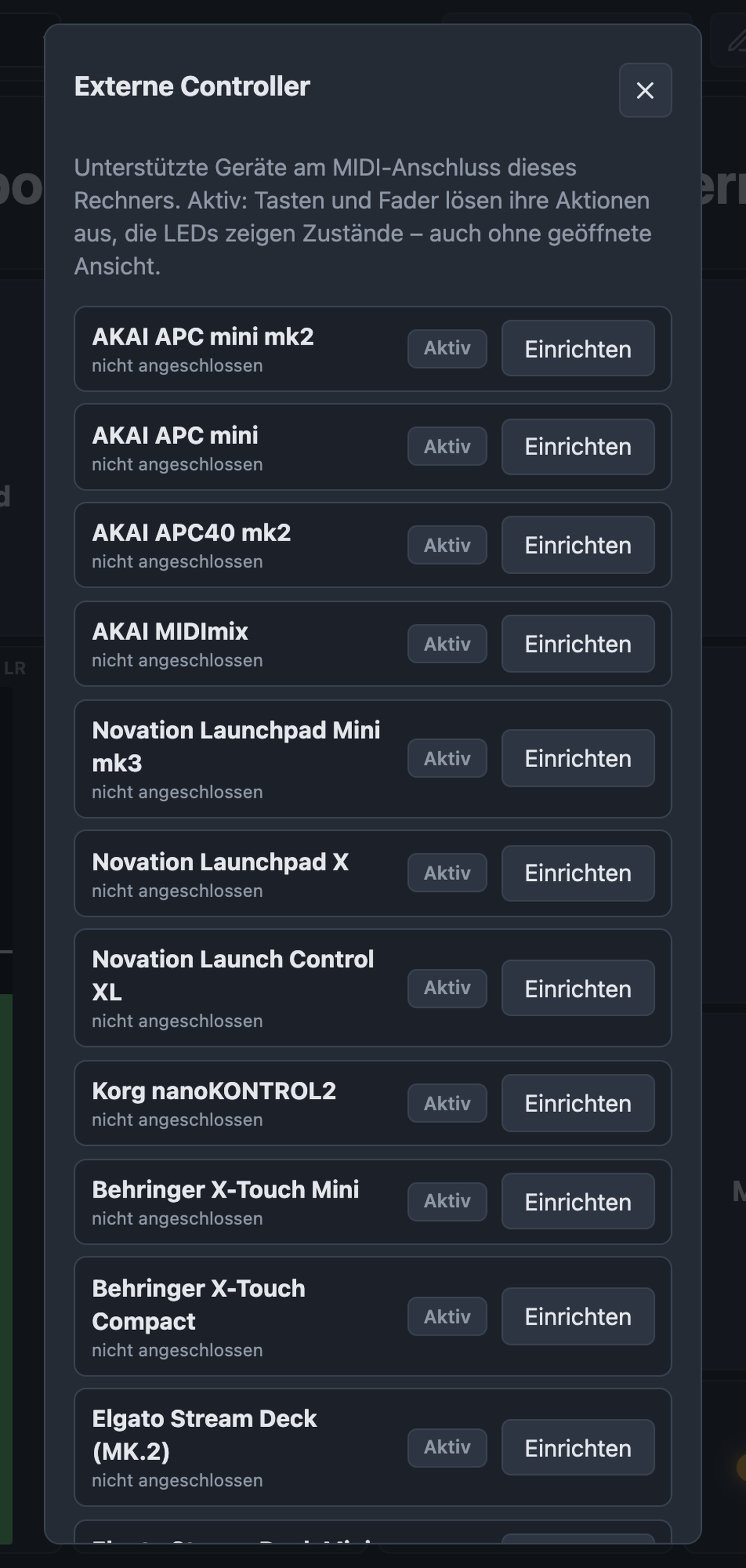 Dialog Externe Controller mit Liste der Geräte, Status, Aktiv und Einrichten