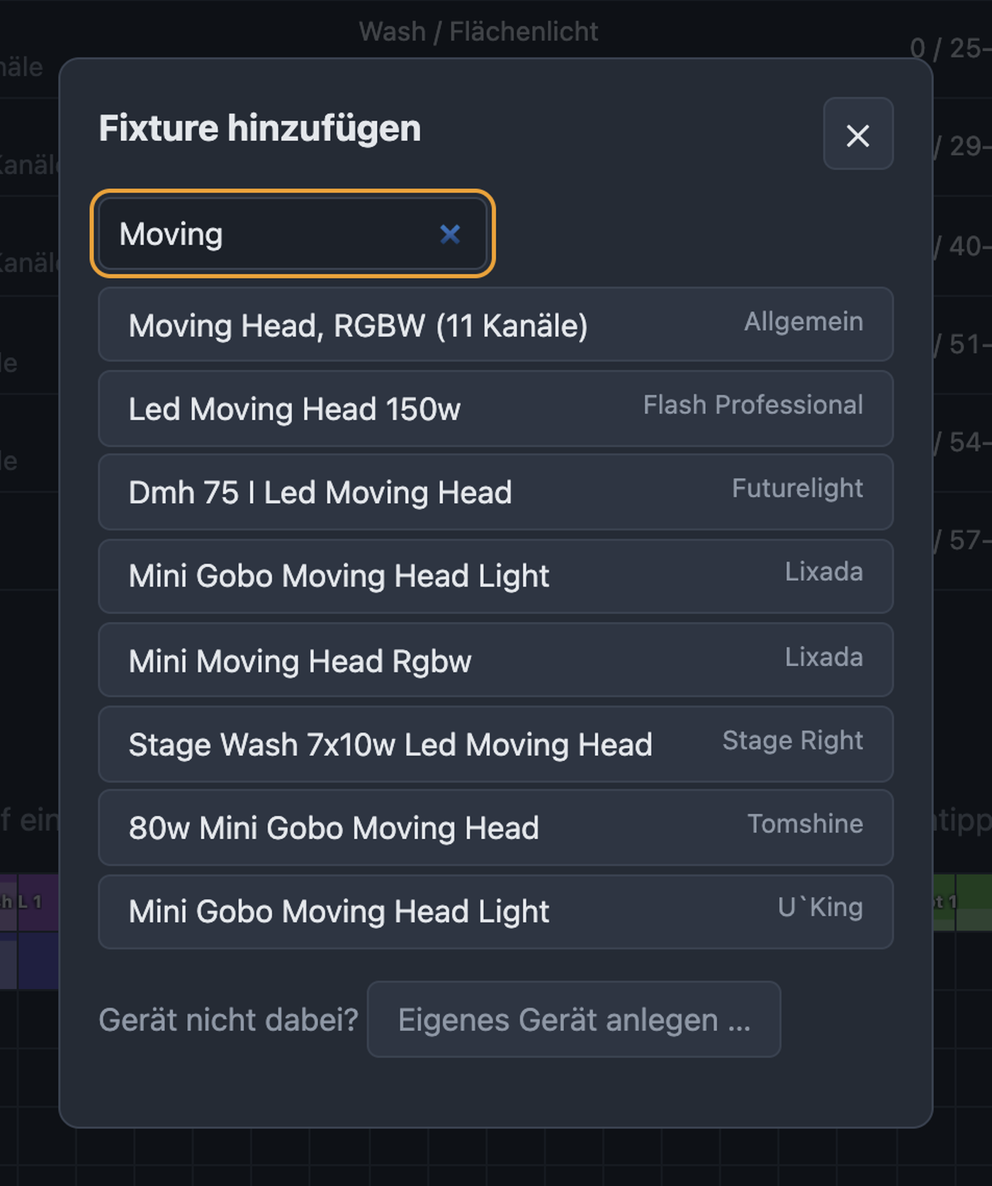 Fixture hinzufügen: Suche in der Bibliothek