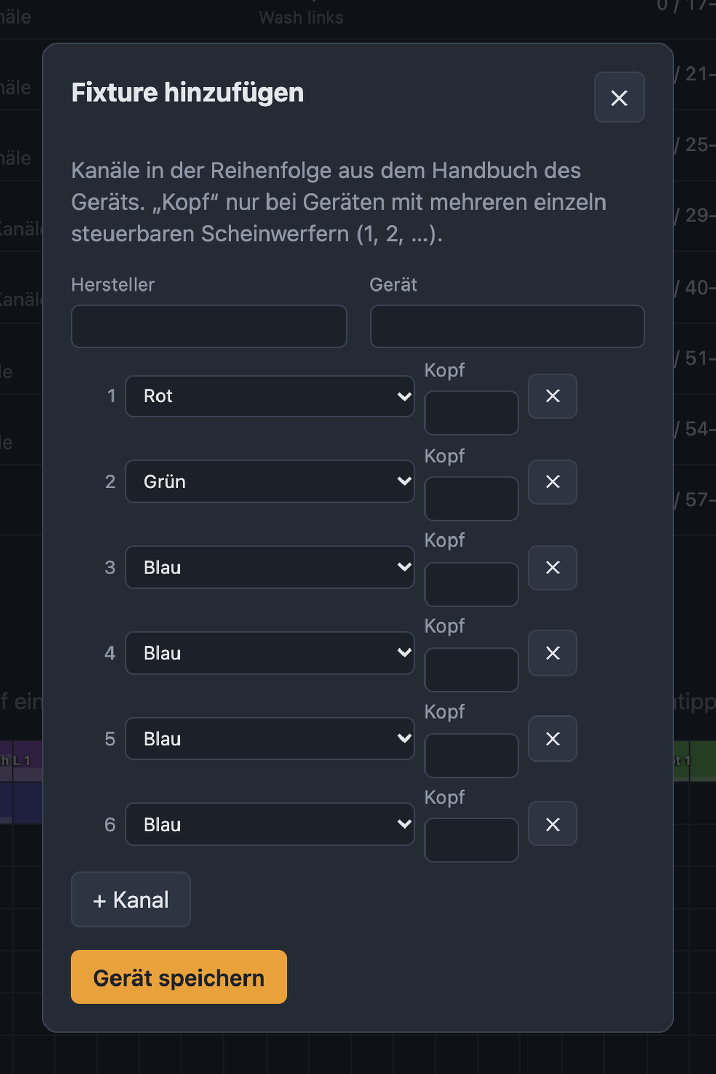 Eigenes Gerät anlegen mit Hersteller, Gerät und Kanalliste