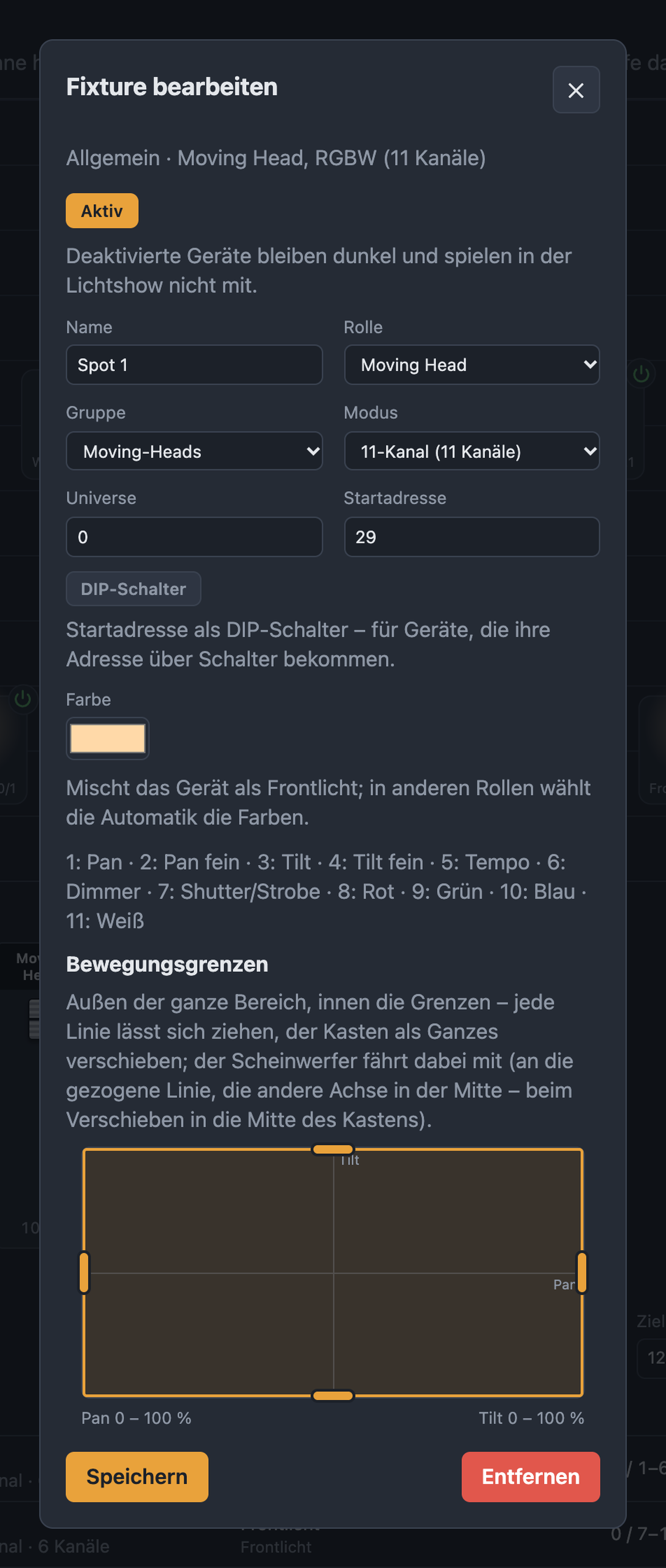 Formular eines Moving Heads mit Name, Rolle, Gruppe, Modus, Universe, Startadresse, Farbe und Bewegungsgrenzen