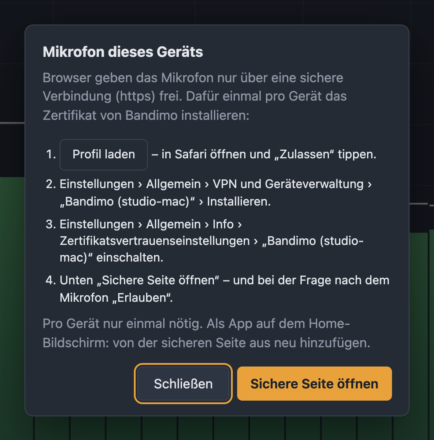 Dialog Mikrofon dieses Geräts mit den Schritten zum Installieren des Zertifikats