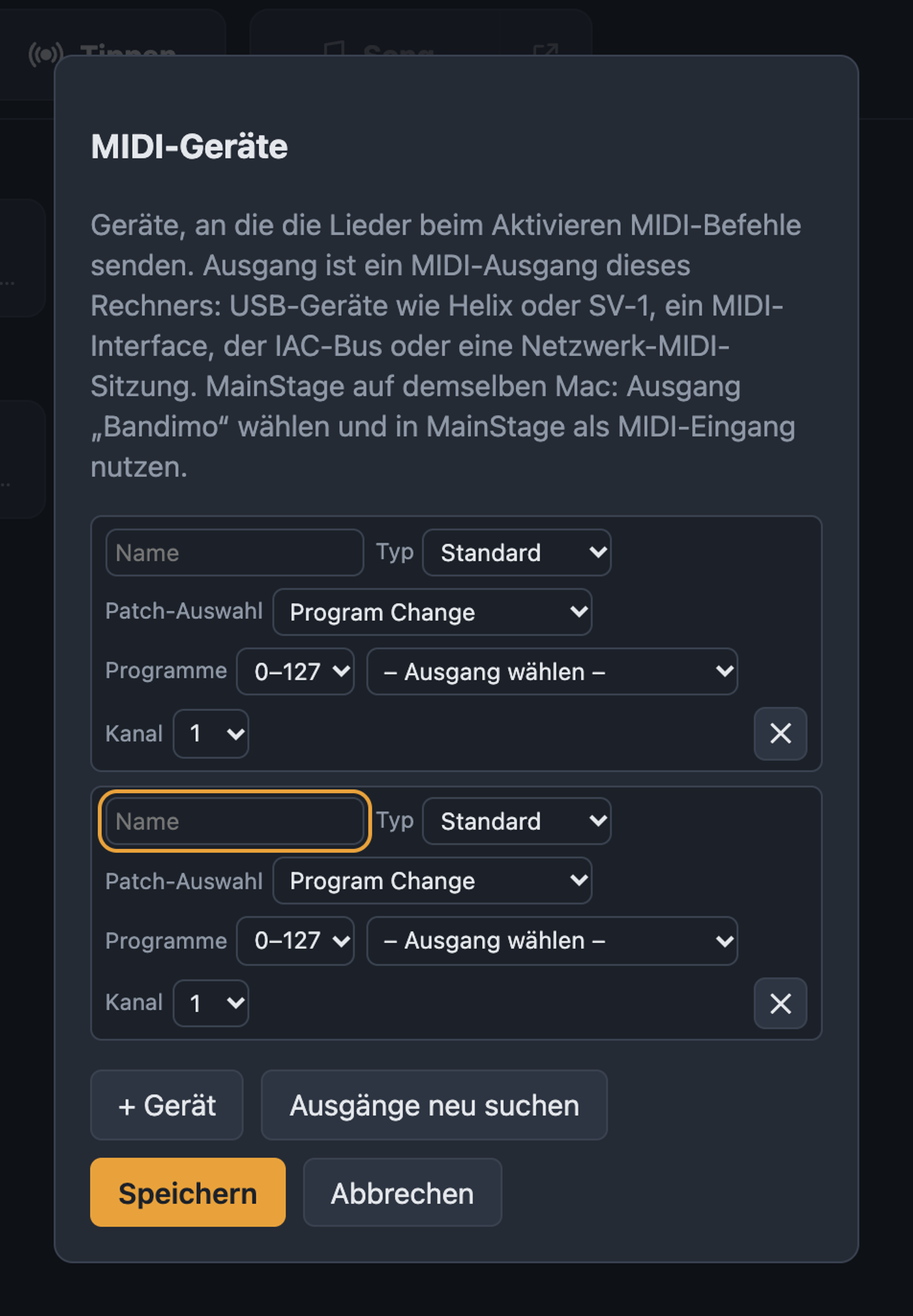 Dialog MIDI-Geräte mit Name, Typ, Patch-Auswahl, Ausgang und Kanal
