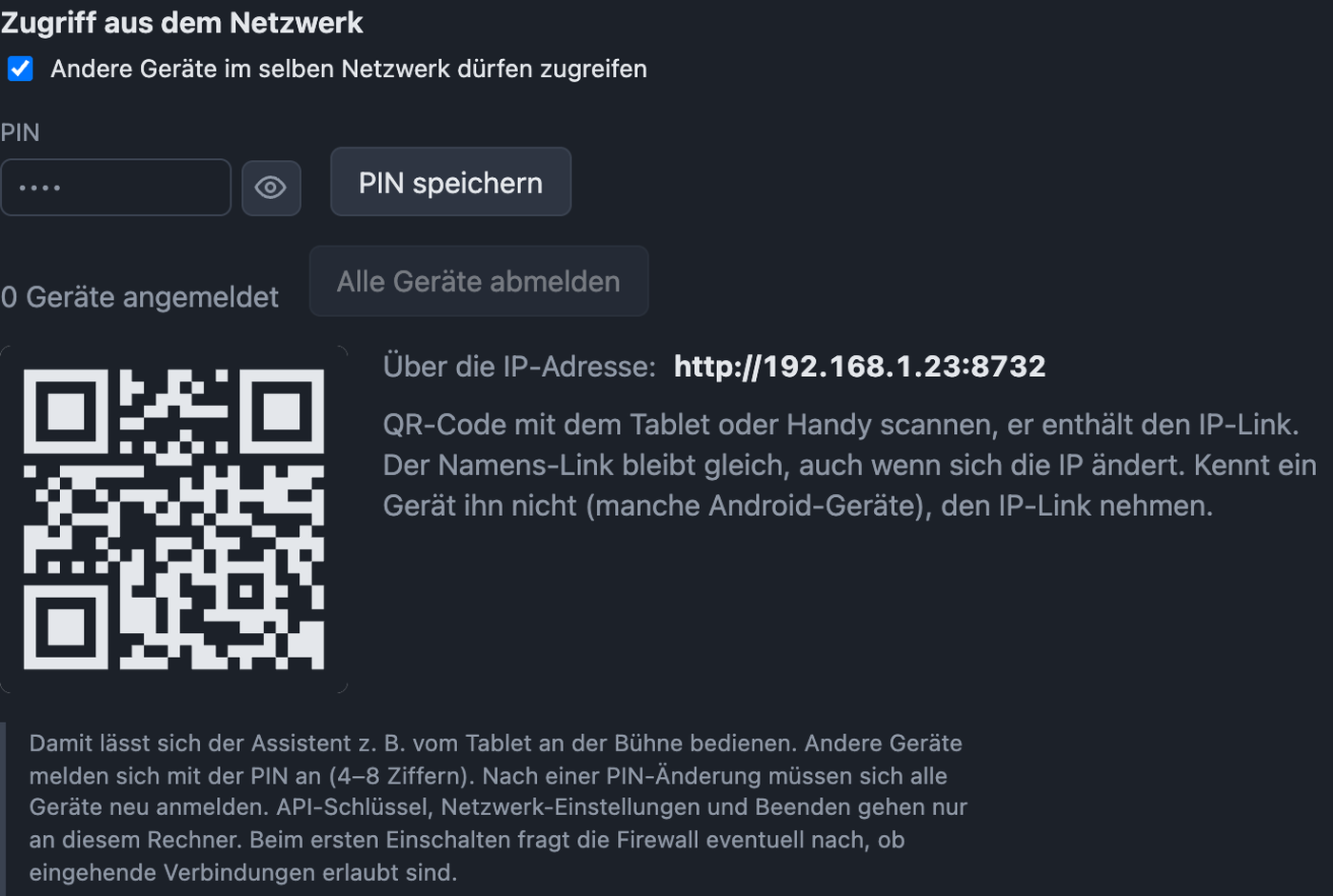 Einstellungen Netzwerk mit Zugriff, PIN, Links und QR-Code