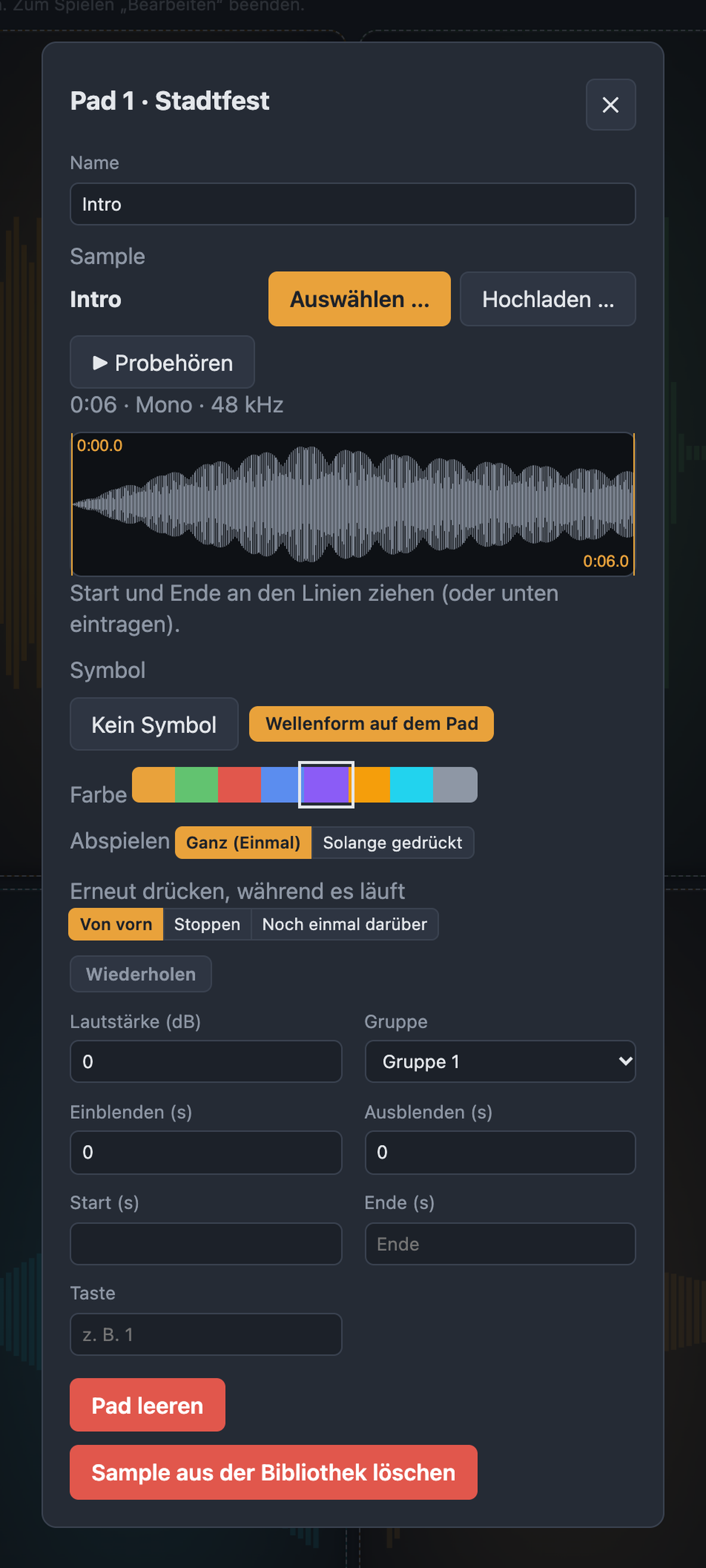 Pad-Dialog mit Sample, Wellenform, Abspielen, Wiederholen, Lautstärke, Gruppe und Taste