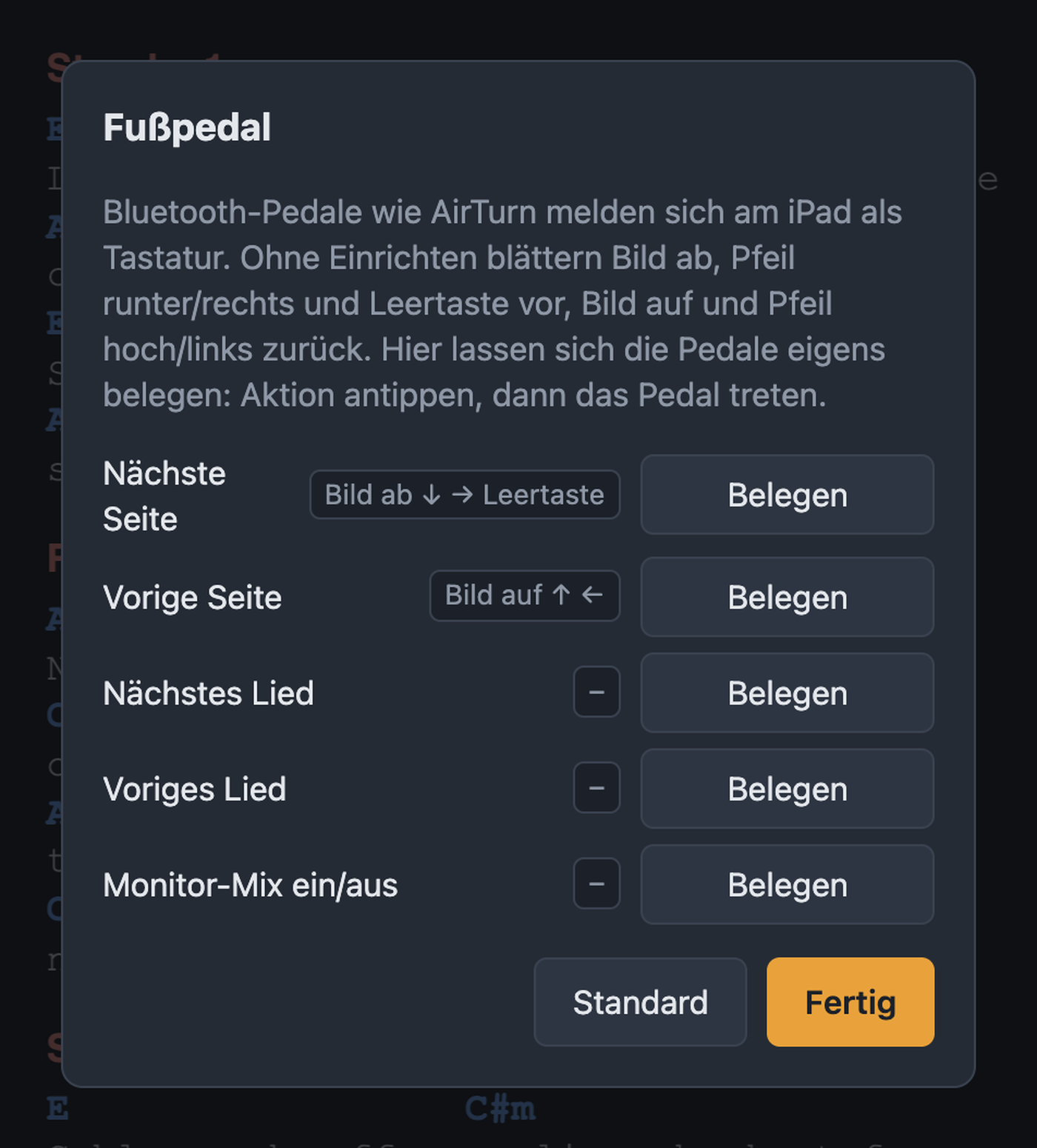 Dialog Fußpedal mit Belegung für Seite, Lied und Monitor-Mix