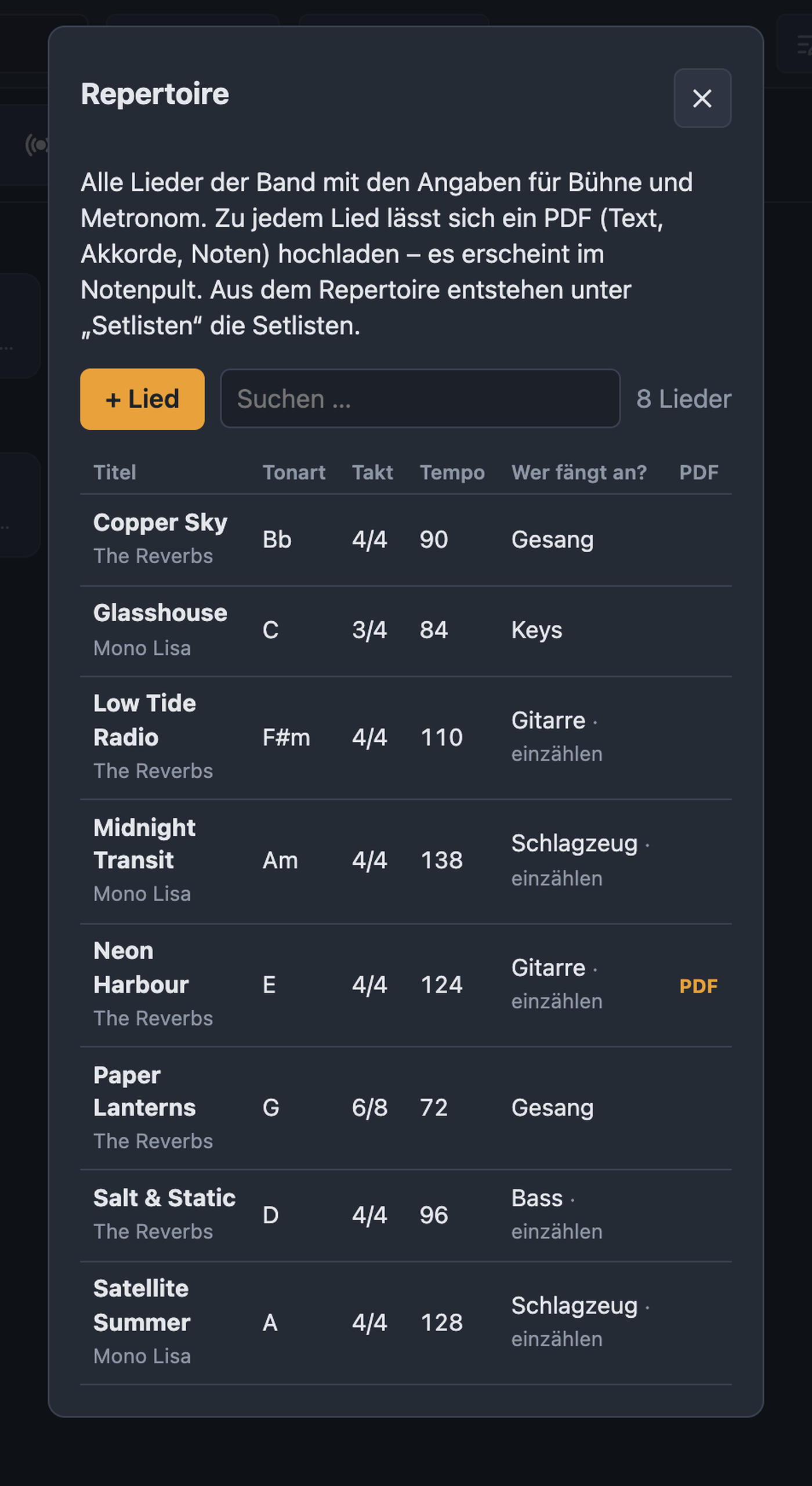Repertoire mit allen Liedern, Suche und Spalten Titel, Tonart, Takt, Tempo, Wer fängt an, PDF