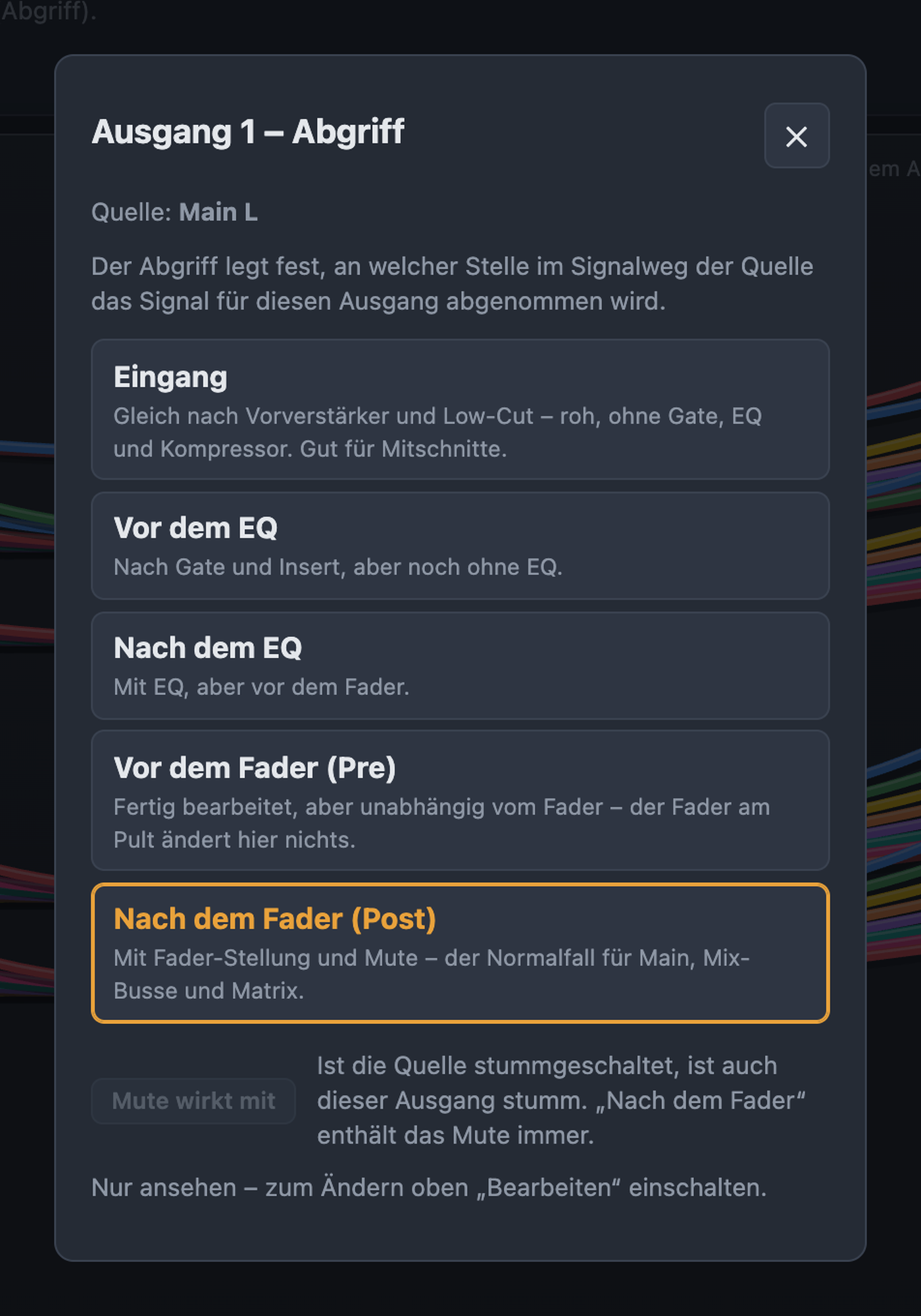 Dialog Abgriff mit Erklärung von Eingang, vor und nach EQ, vor und nach Fader und Mute wirkt mit