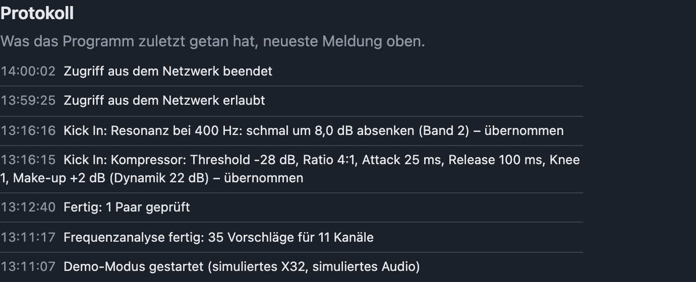Einstellungen Protokoll mit den letzten Meldungen