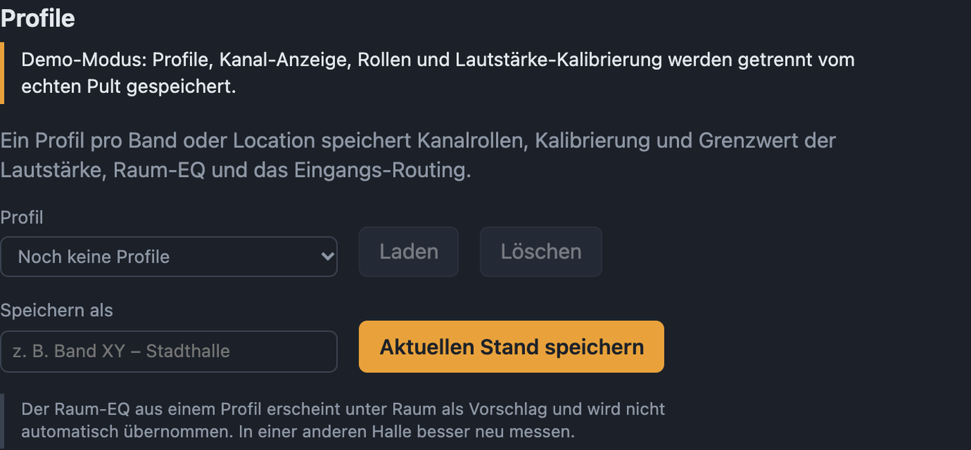 Einstellungen Profile mit Auswahl, Laden, Löschen und Speichern als