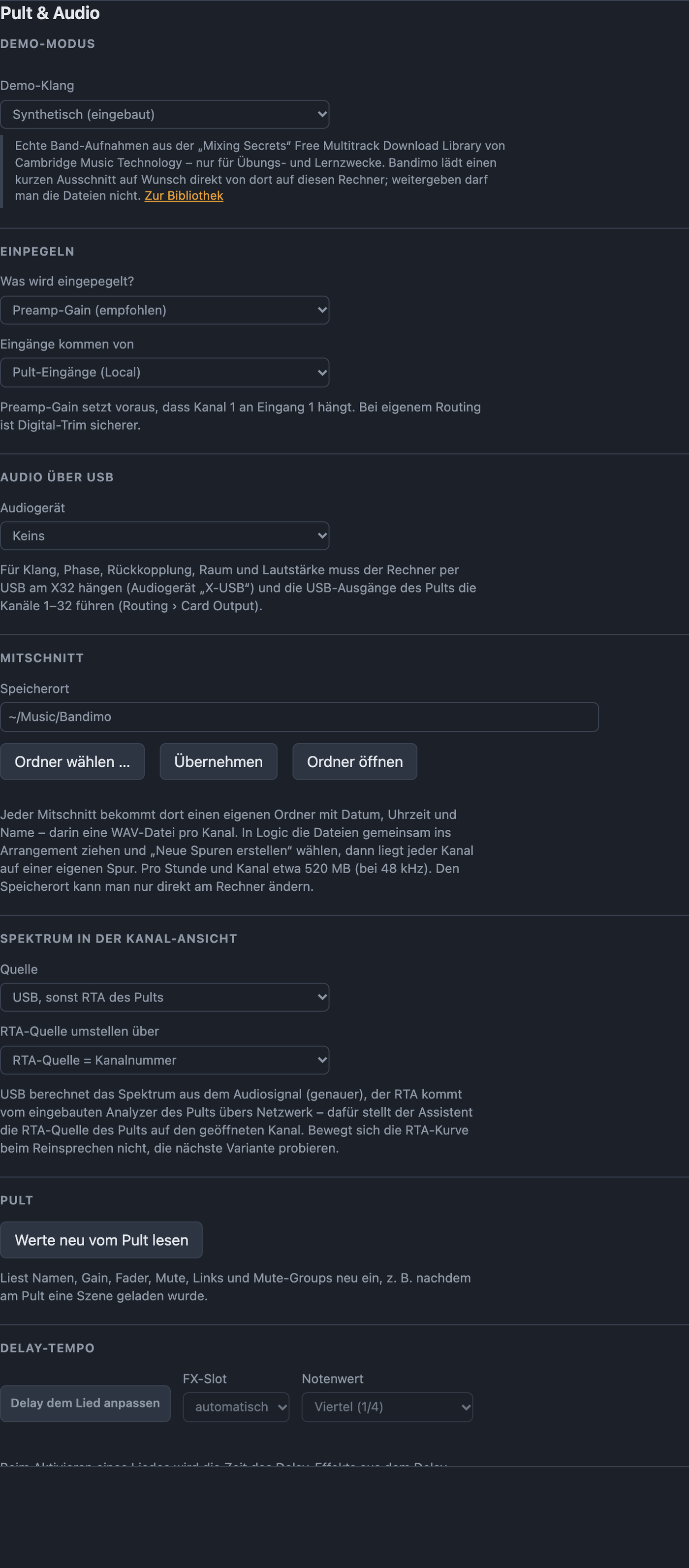 Einstellungen Pult und Audio