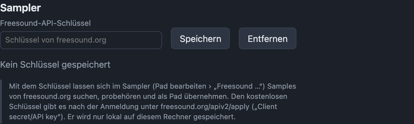 Einstellungen Sampler mit Freesound-API-Schlüssel