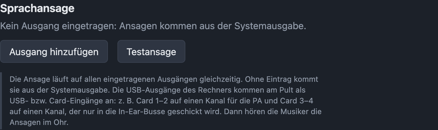 Einstellungen Sprachansage mit Ausgängen und Testansage