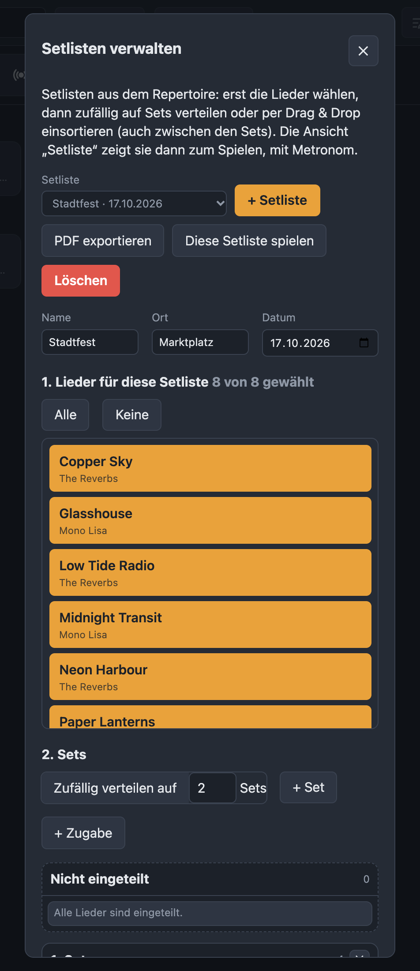 Setlisten verwalten mit Liedauswahl, Sets und Metronom-Ausgabe