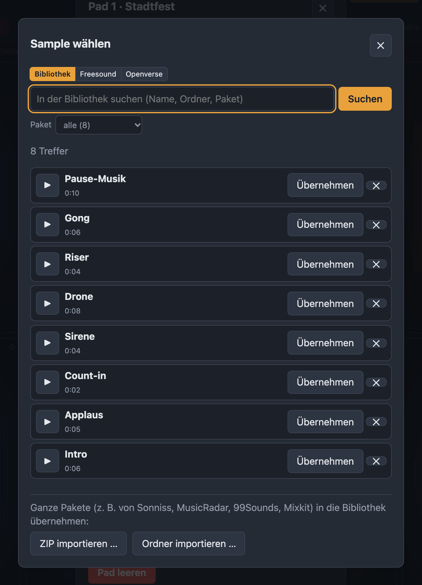 Dialog Sample wählen mit Bibliothek, Suche, Paket-Filter und Import