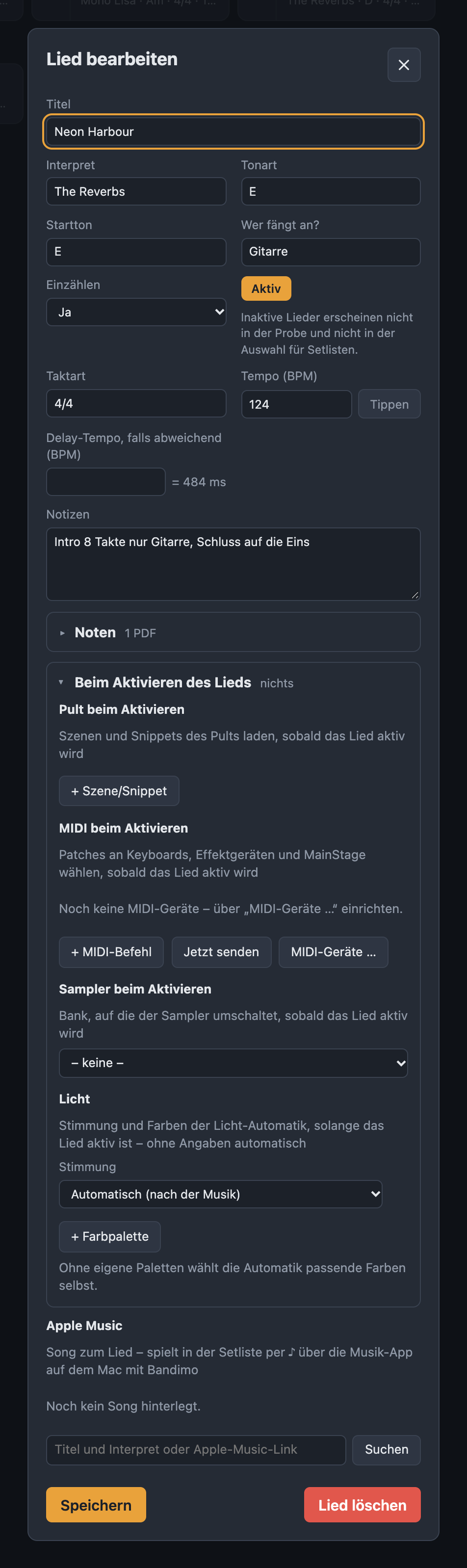 Abschnitt Beim Aktivieren des Lieds mit Pult, MIDI, Sampler, Licht und Apple Music