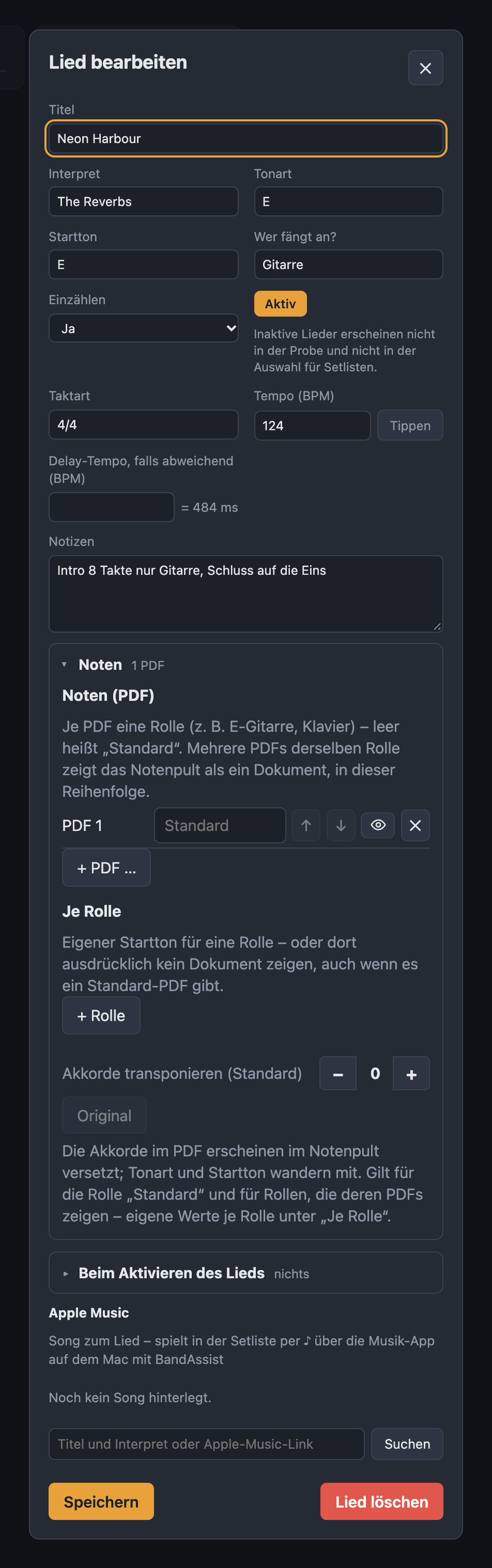 Dialog Lied bearbeiten mit Titel, Interpret, Tonart, Tempo und Abschnitt Noten