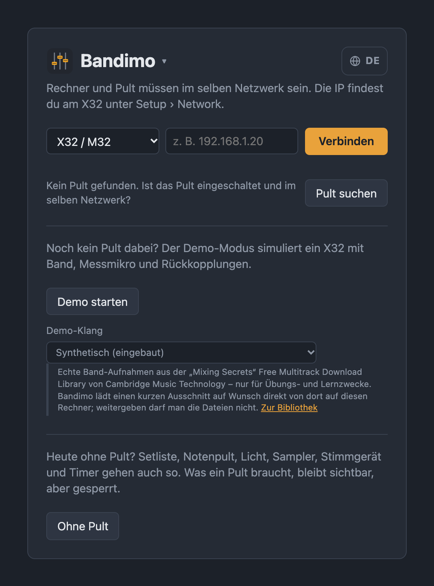 Startseite von Bandimo mit Pult-Auswahl, IP-Feld, Pult-Suche und Demo-Modus