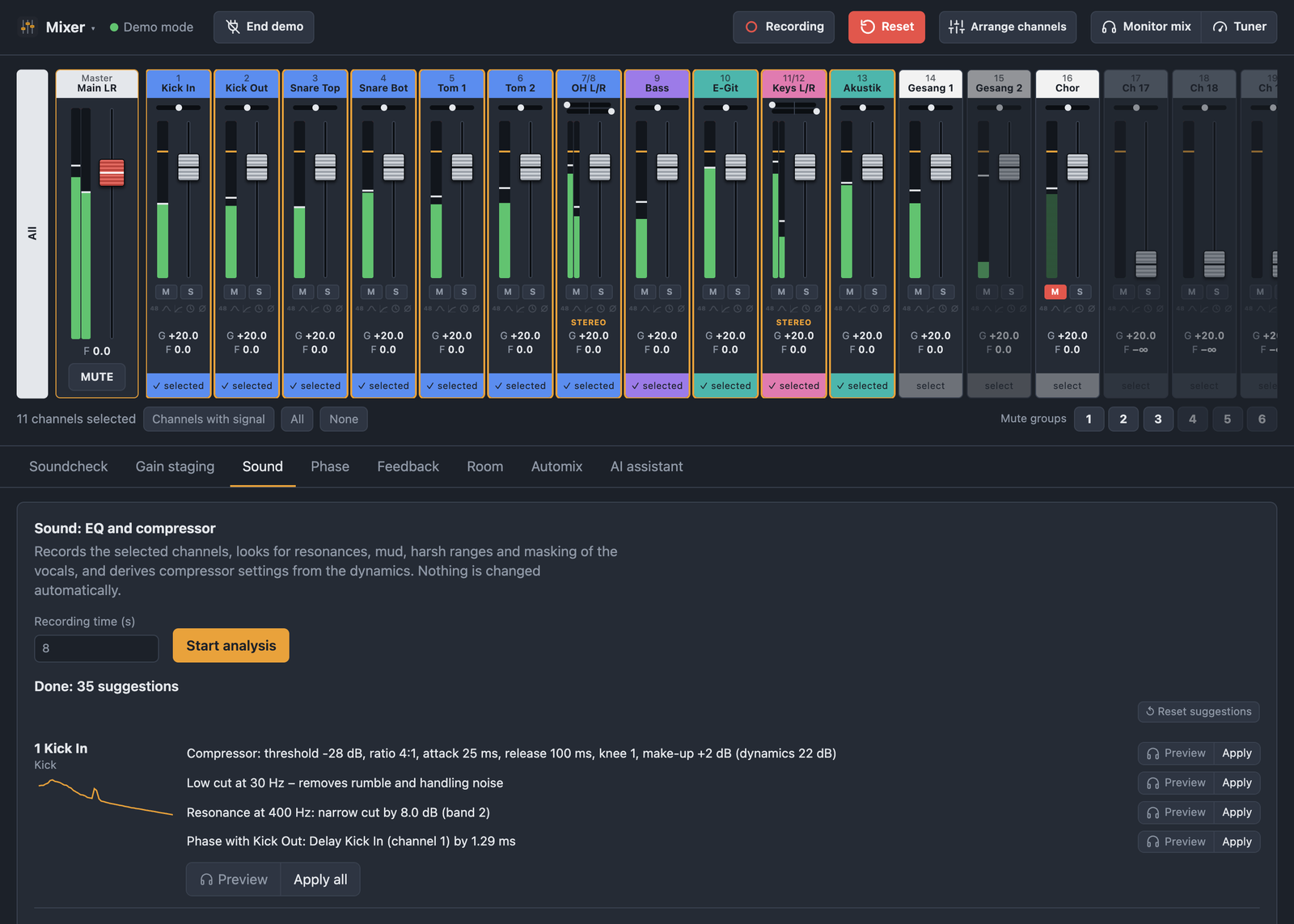 Bandimo sound analysis with low-cut, EQ and compressor suggestions per channel