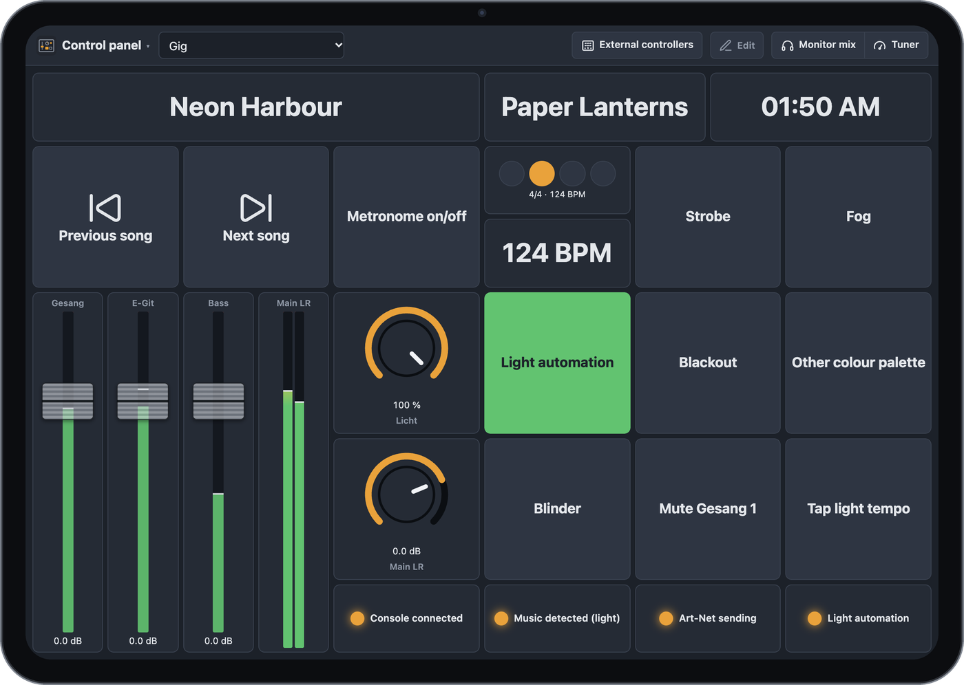 Control panel on an iPad with title, buttons, faders, knobs and displays