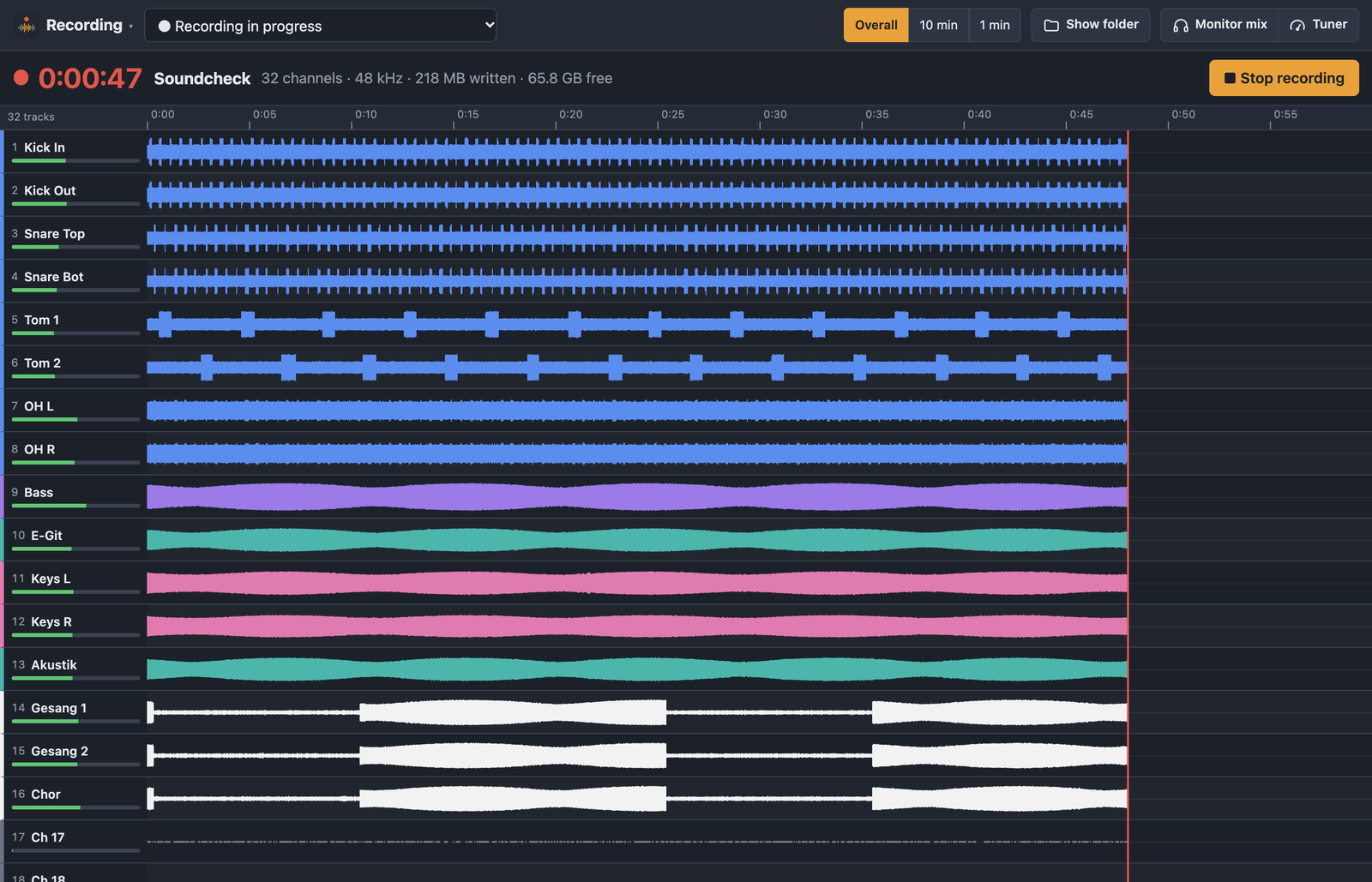 Track view of a running recording in Bandimo with a waveform per channel