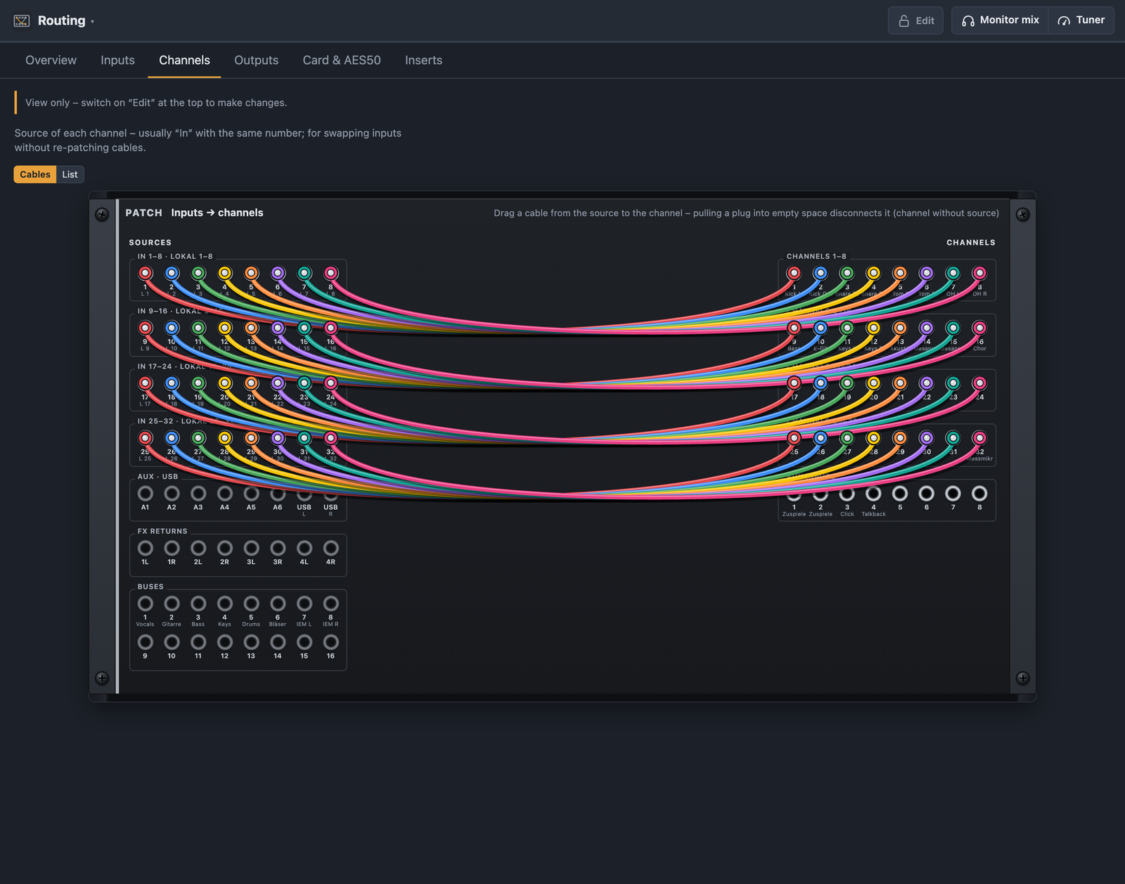 Routing as a patch bay: inputs on the left, channels on the right, colored cables in between