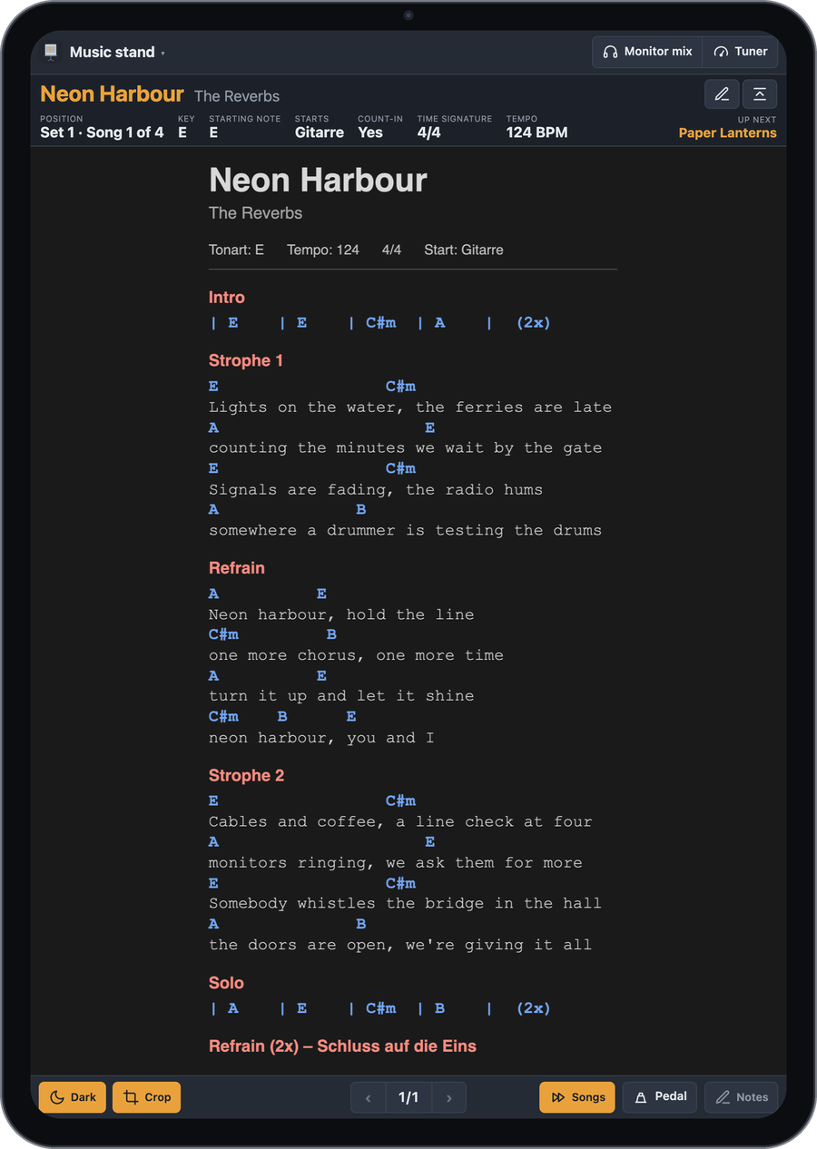 Music stand on an iPad in portrait