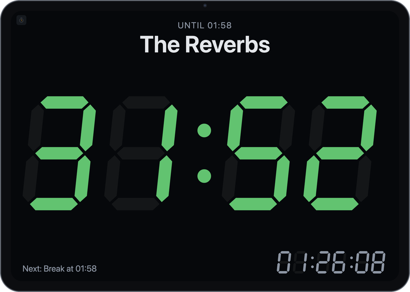 Timer window with remaining time as a 7-segment display, current and next slot, and the clock