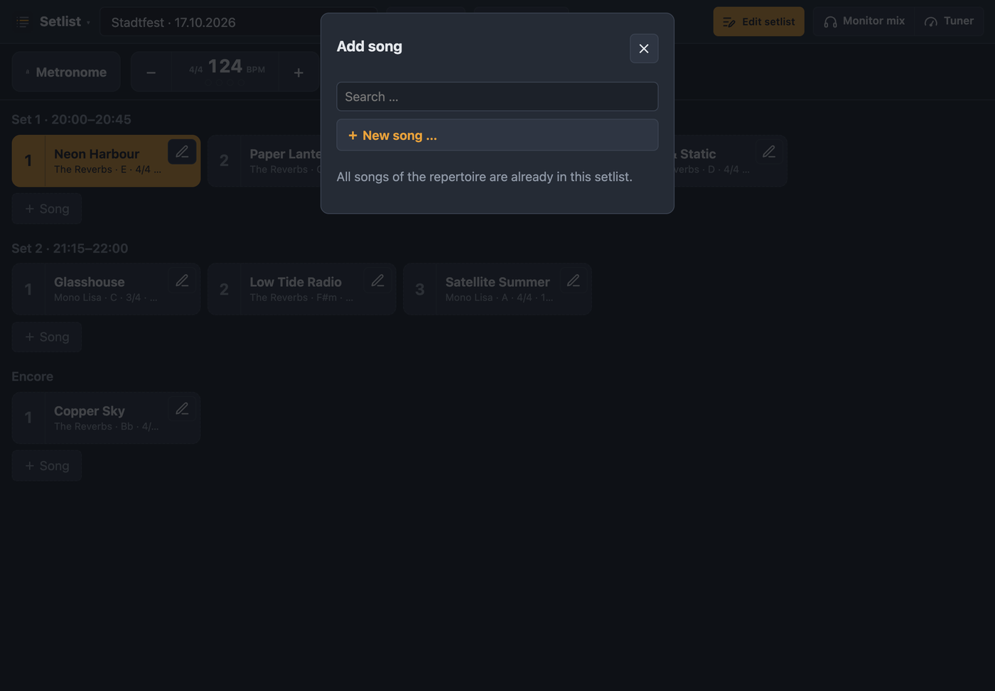 Add song with search and list of songs from the repertoire