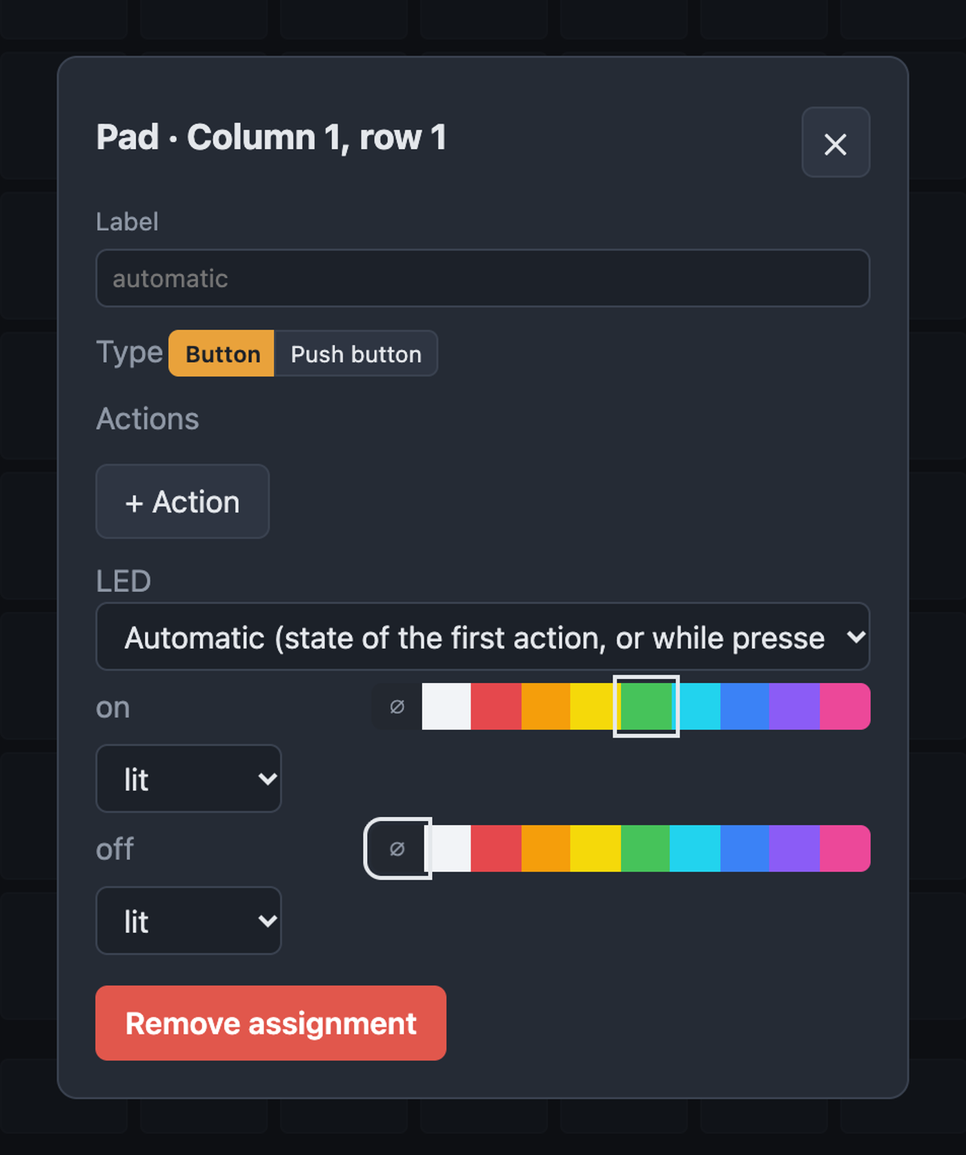 Dialog for assigning a button with label, type, actions and LED