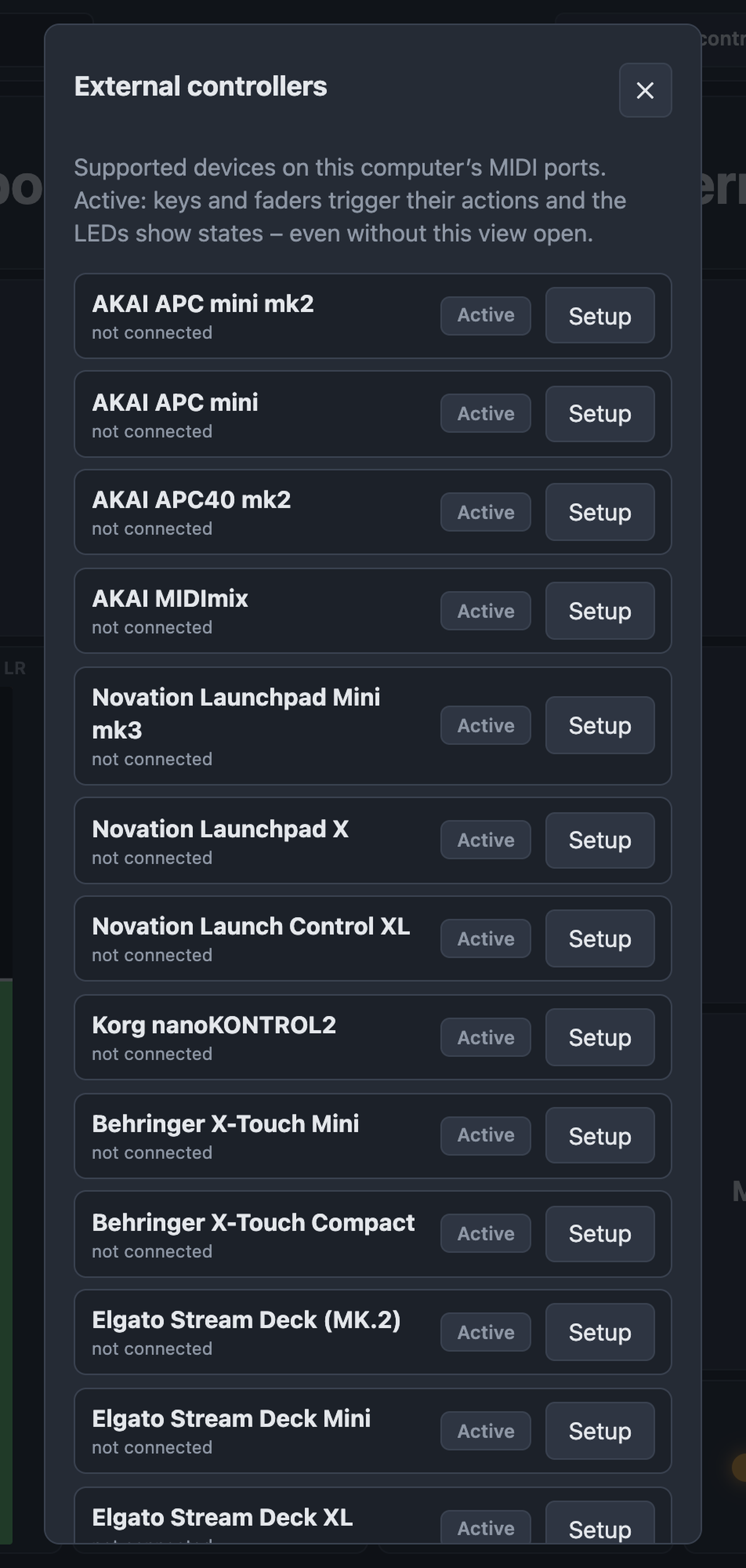 External controllers dialog with list of devices, status, Active and Setup