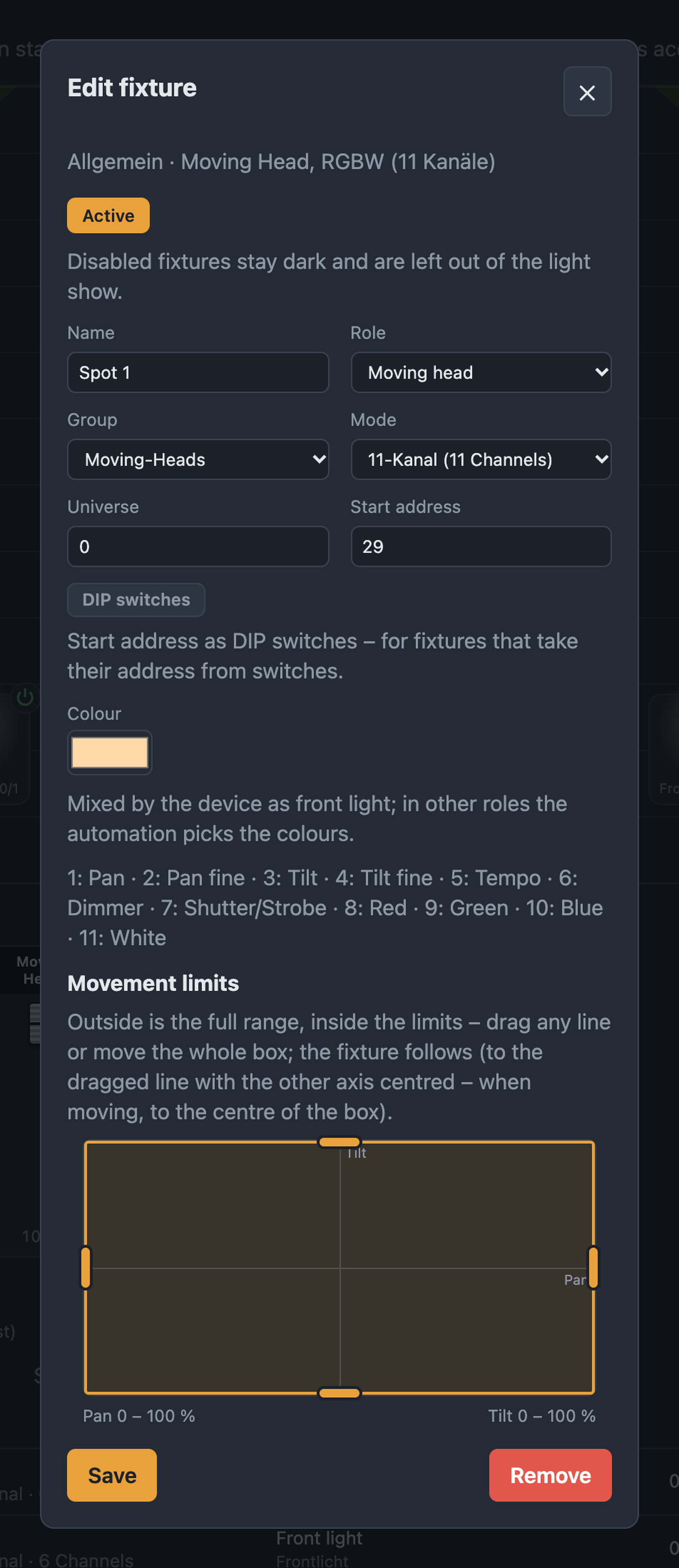 Moving head form with name, role, group, mode, universe, start address, color and movement limits
