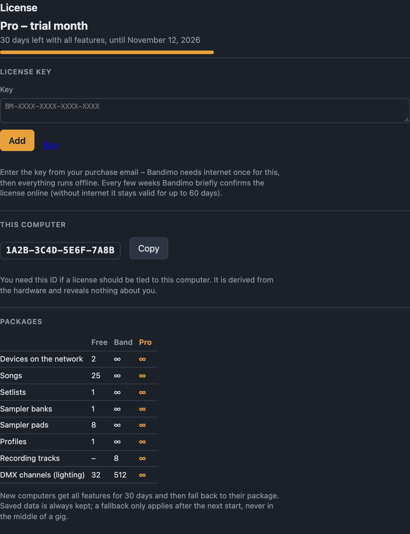 License settings with status, key field, computer ID and package table