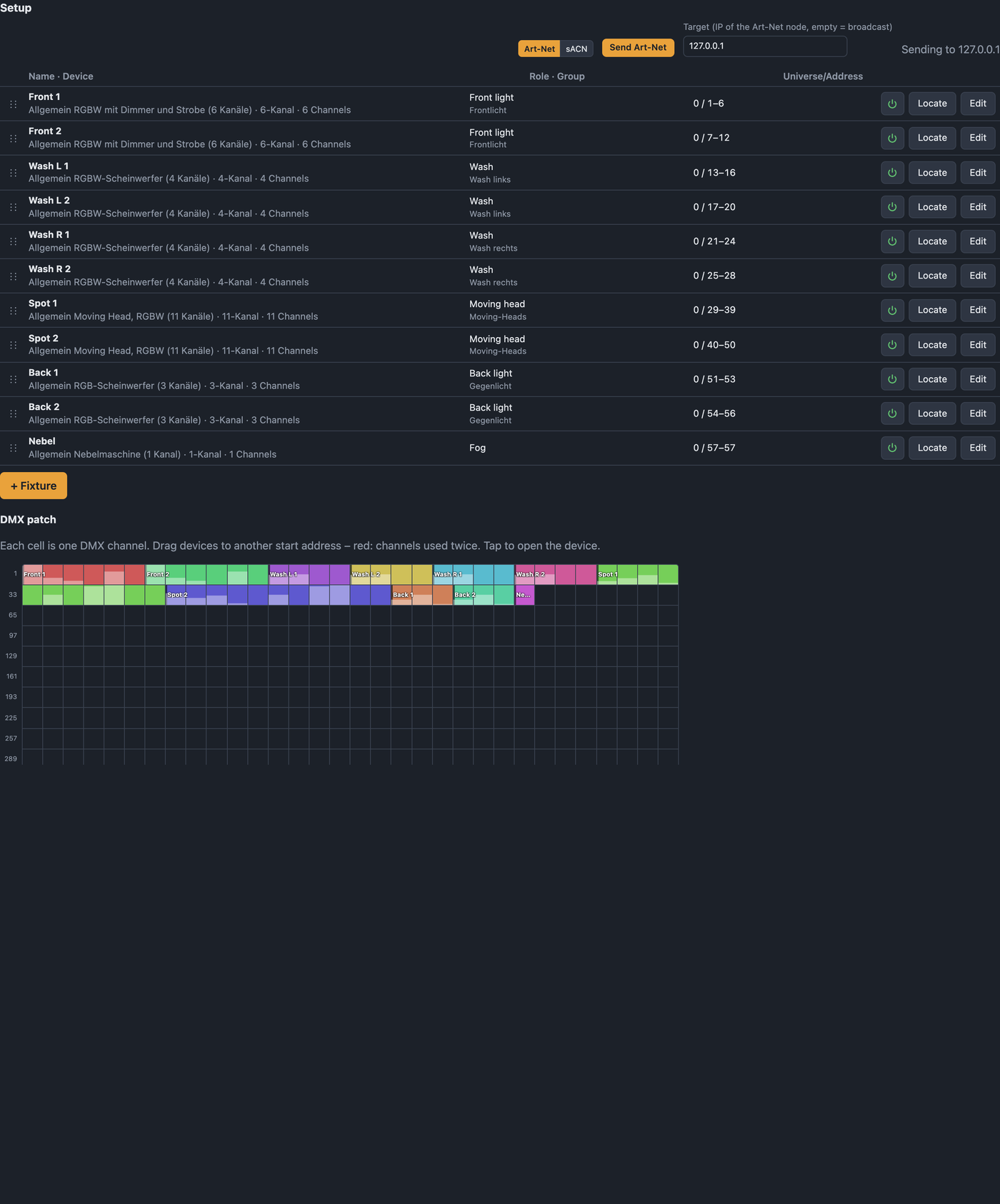 Setup section with Art-Net, device list, DMX patch and groups