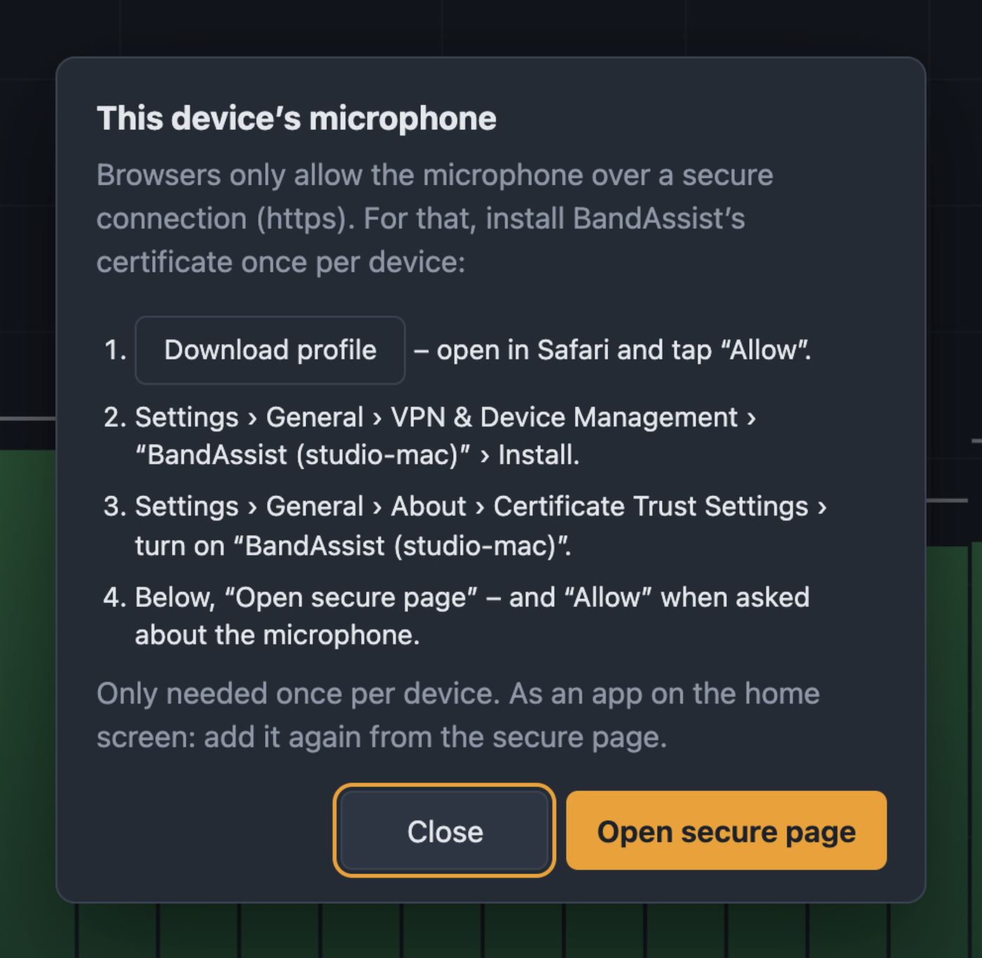 This device’s microphone dialog with the steps for installing the certificate
