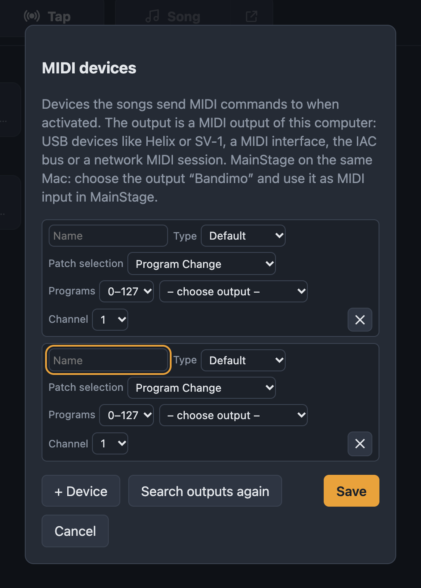 MIDI devices dialog with name, type, patch selection, output and channel