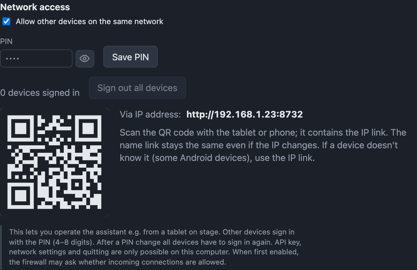 Network settings with access, PIN, links and QR code
