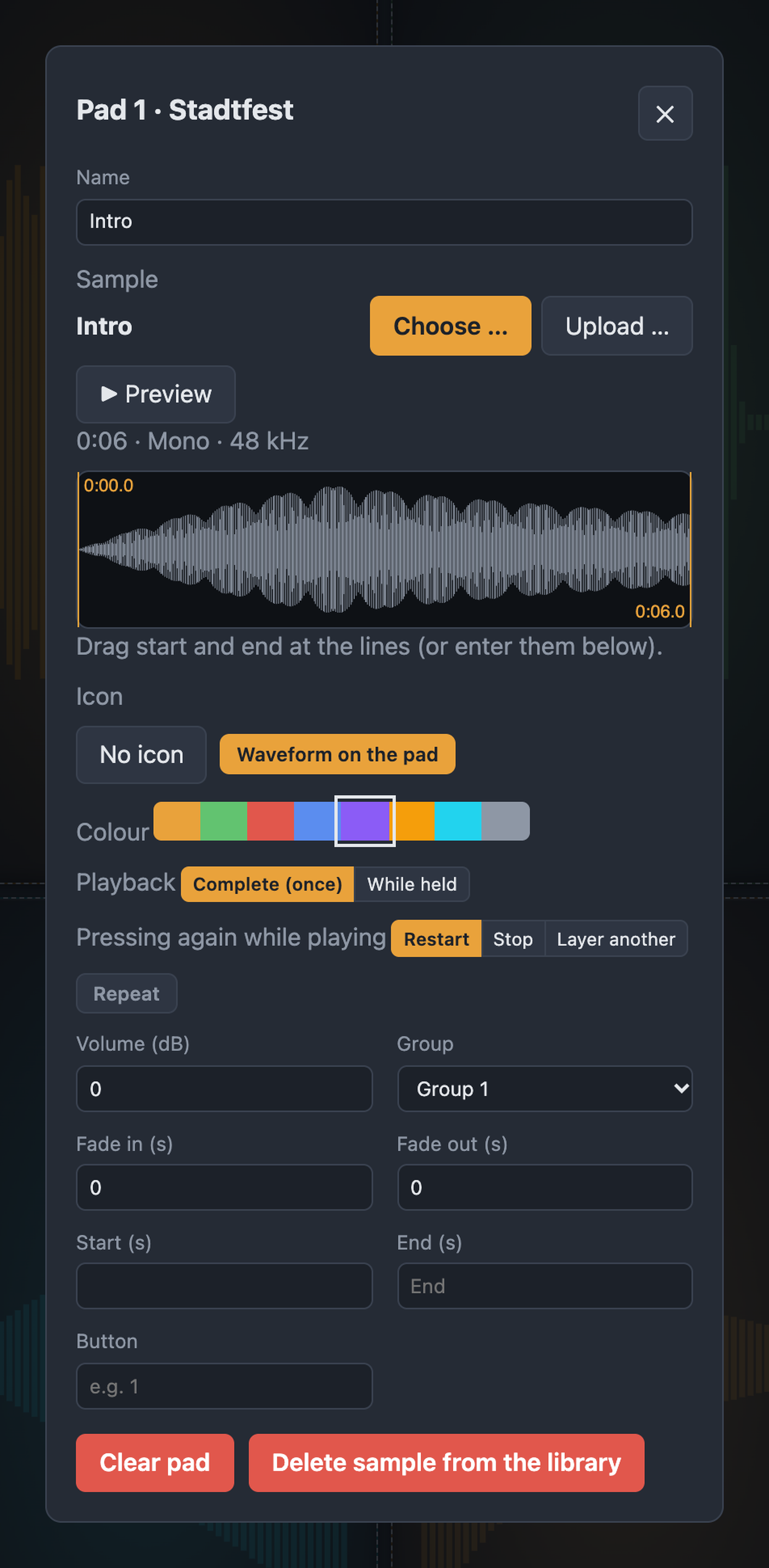 Pad dialog with sample, waveform, playback, repeat, volume, group and key