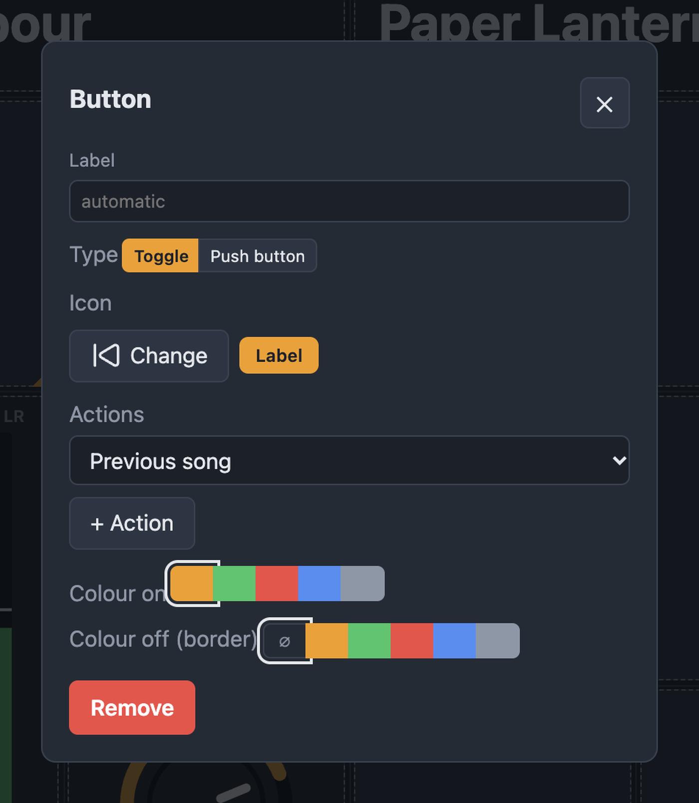 Element dialog with label, type, icon, actions and colors