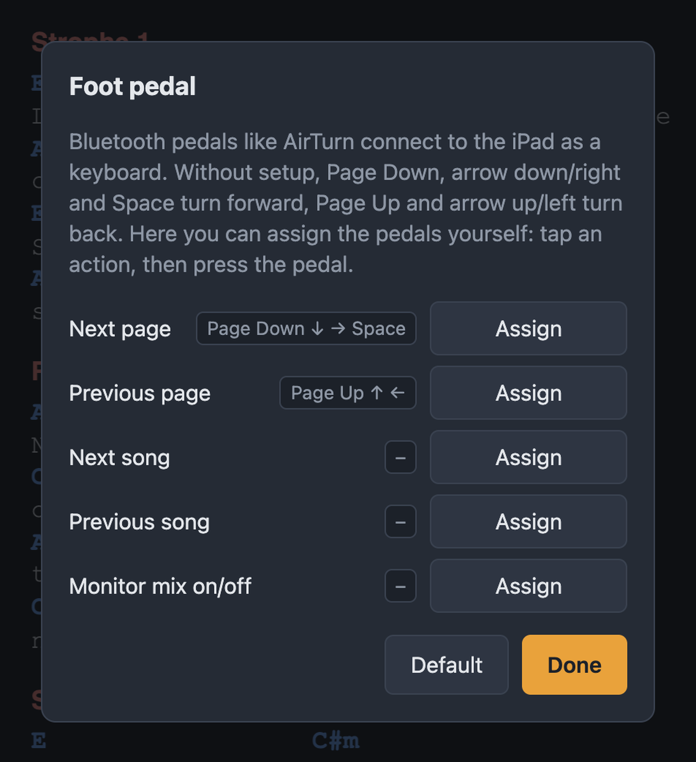 Foot pedal dialog with assignments for page, song and monitor mix