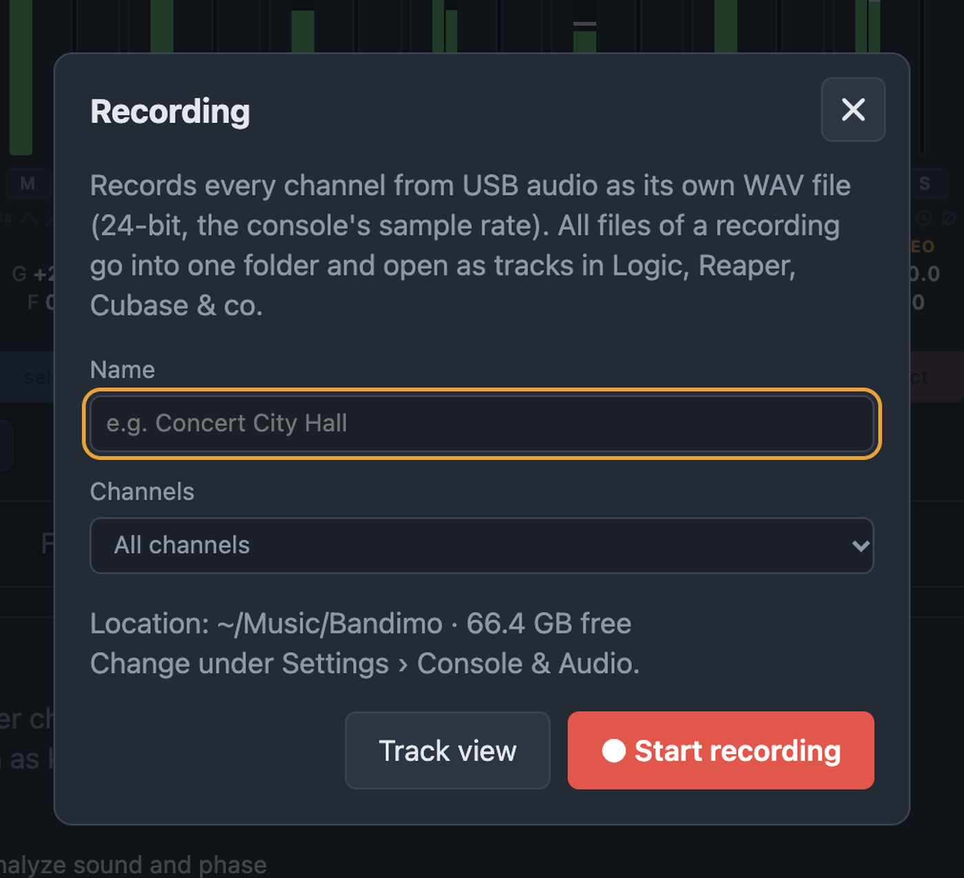 Recording dialog with name, channel selection, location and Start recording