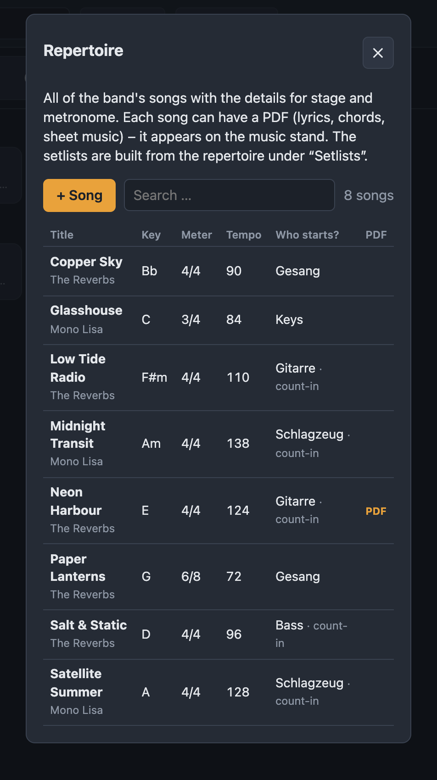 Repertoire with all songs, search and columns title, key, time signature, tempo, who starts, PDF