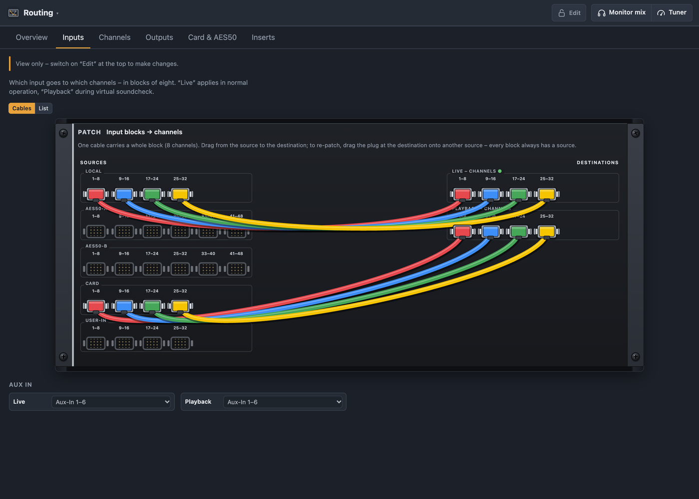 Routing inputs with blocks of eight for live and playback