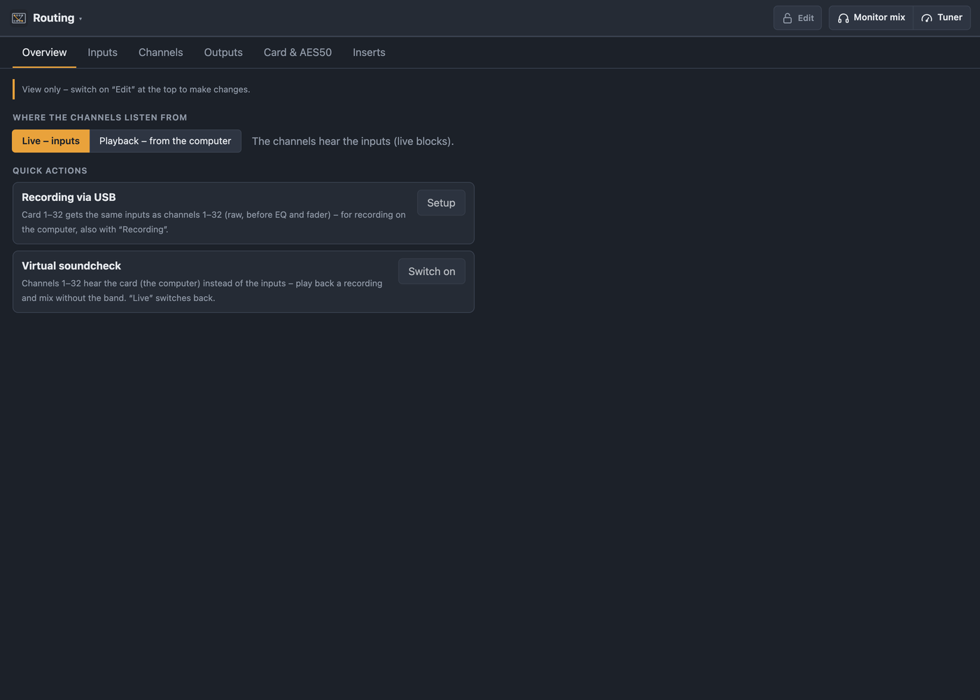 Routing overview with live/playback and quick actions