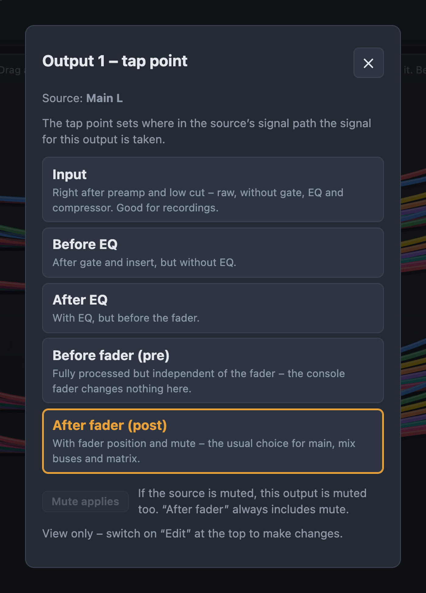 Tap dialog explaining input, before and after EQ, before and after fader, and Mute applies