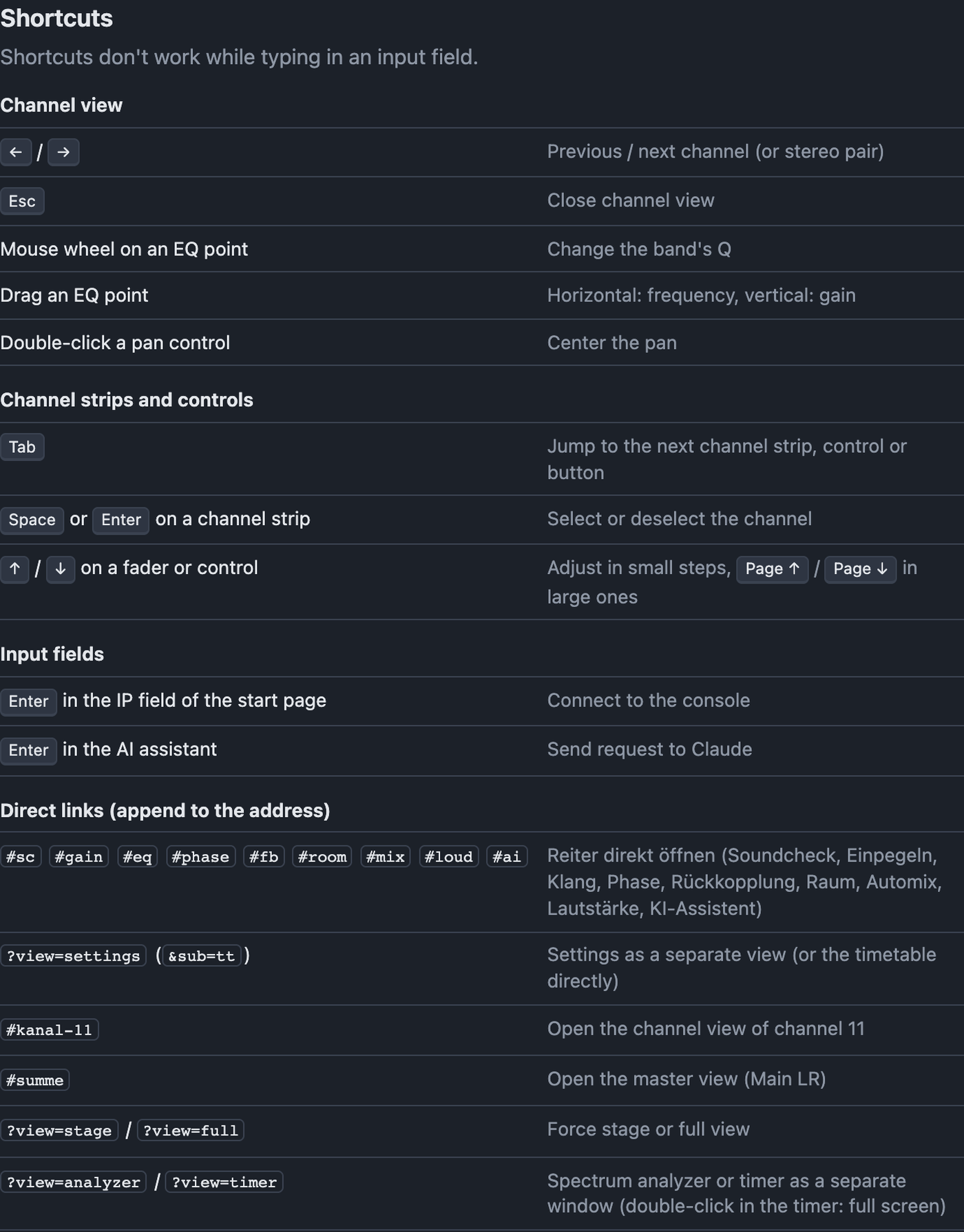 Shortcuts settings with table of shortcuts and direct links
